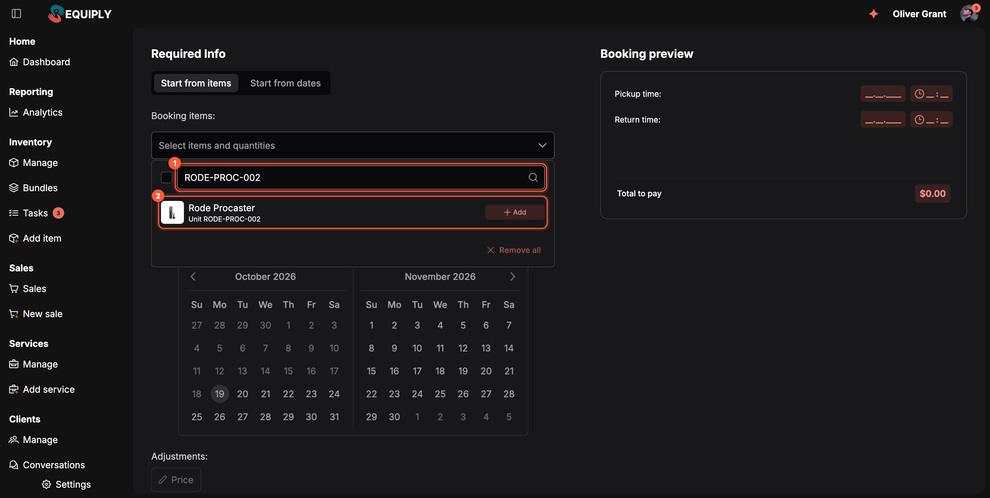 The Add booking form in dark mode with the Booking items dropdown open. Box 1 marks the search field containing RODE-PROC-002; its placeholder is Name, SKU or unit code. Box 2 marks the single row under it: the Rode Procaster image and name, the line Unit RODE-PROC-002, and an Add tag with a plus. A Remove all link sits under the list