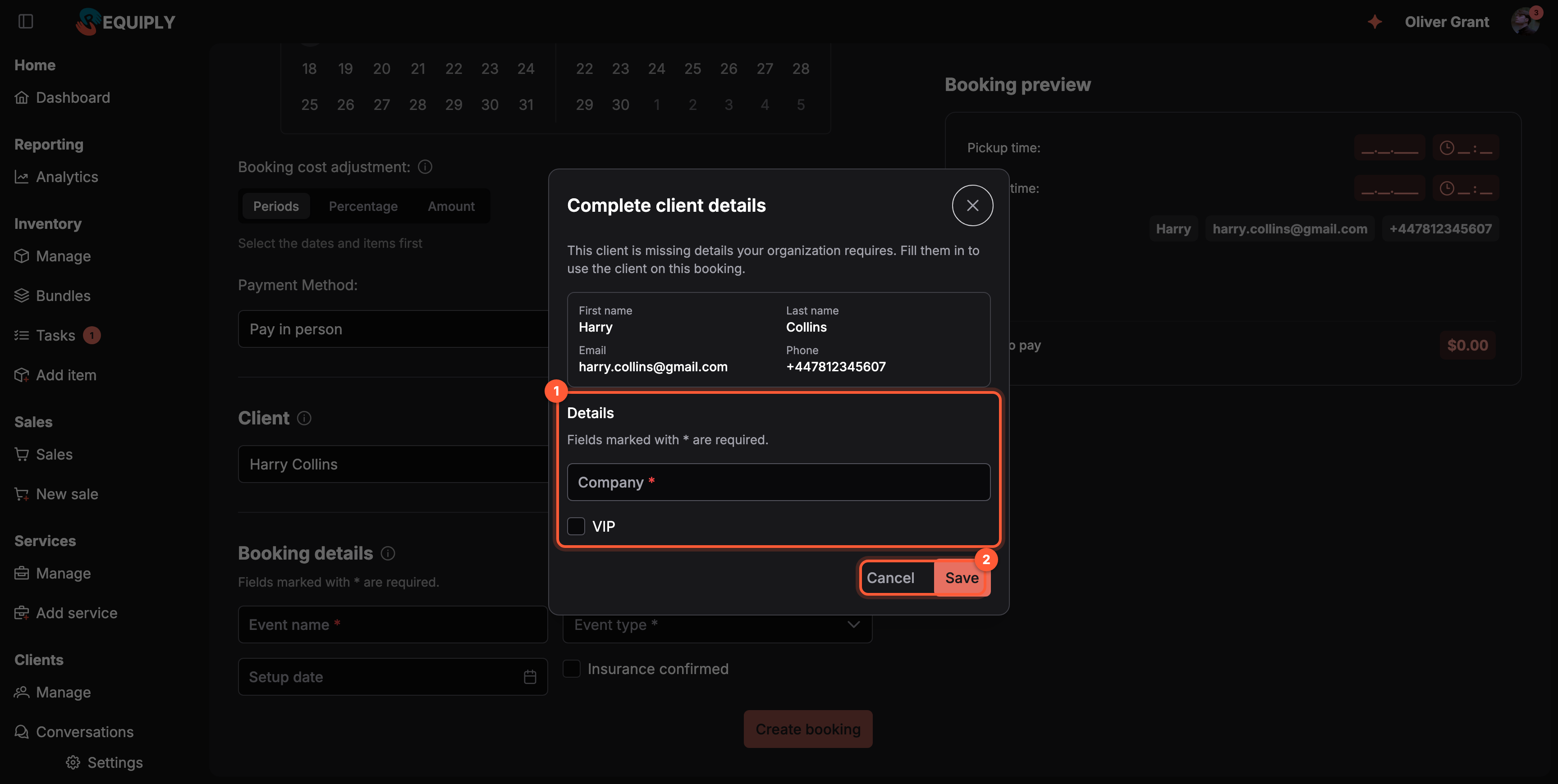 The Complete client details dialog over Add booking, with the text This client is missing details your organization requires. Fill them in to use the client on this booking. A read-only card shows First name Harry, Last name Collins, the email and the phone. Box 1 marks the Details part with Company (required, empty) and a VIP checkbox. Box 2 marks the Cancel and Save buttons. The Client select behind the dialog already reads Harry Collins