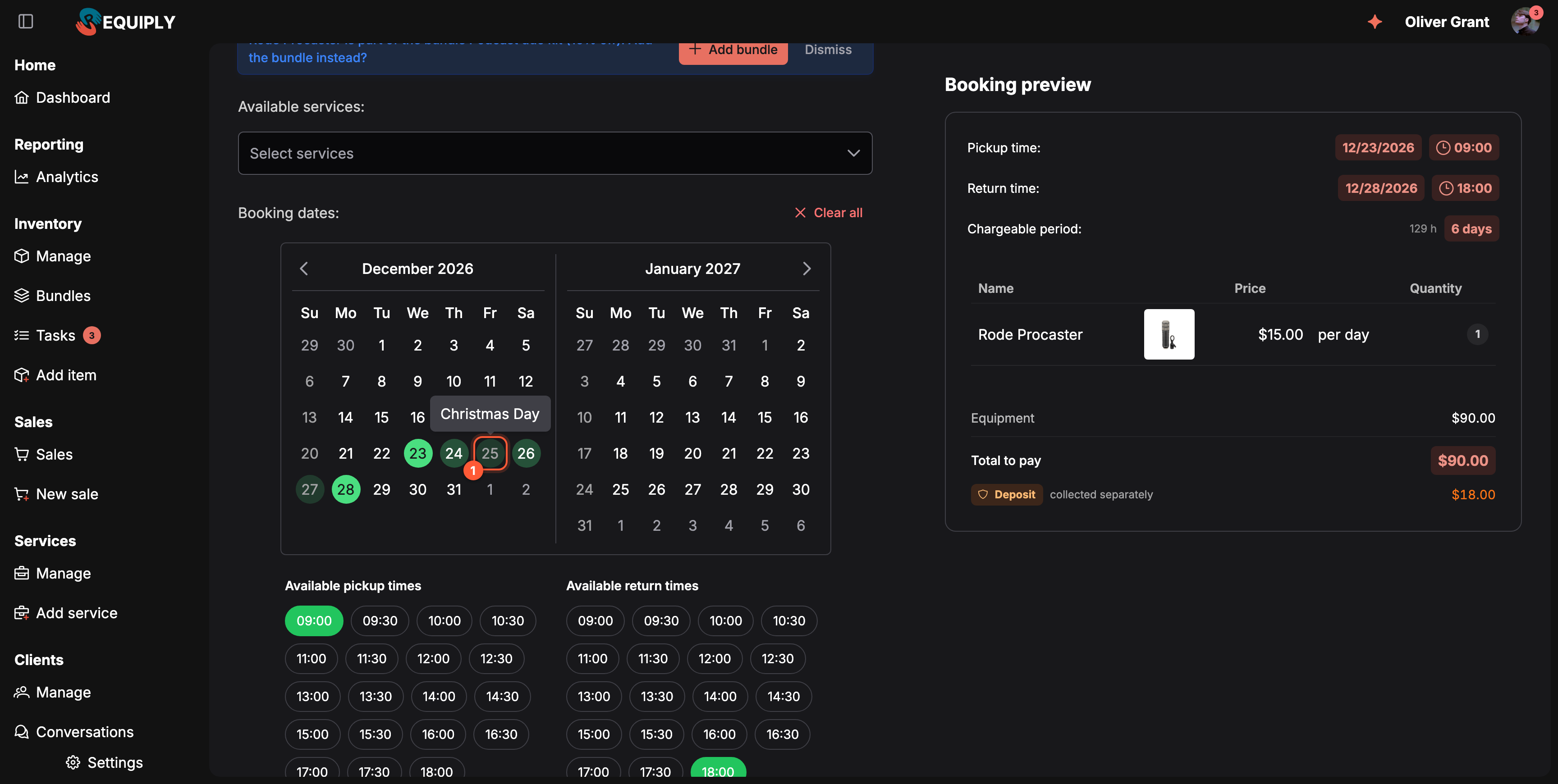 The Add booking form in dark mode with Rode Procaster picked and the two-month booking calendar showing December 2026 and January 2027. December 23 to 28 is selected as a green range. Box 1 marks December 25, greyed out inside the range, with the tooltip Christmas Day above it. The closed Sundays and January 1 are greyed out too. On the right, the booking preview shows pickup 12/23/2026 09:00, return 12/28/2026 18:00 and a chargeable period of 6 days, with Total to pay $90.00