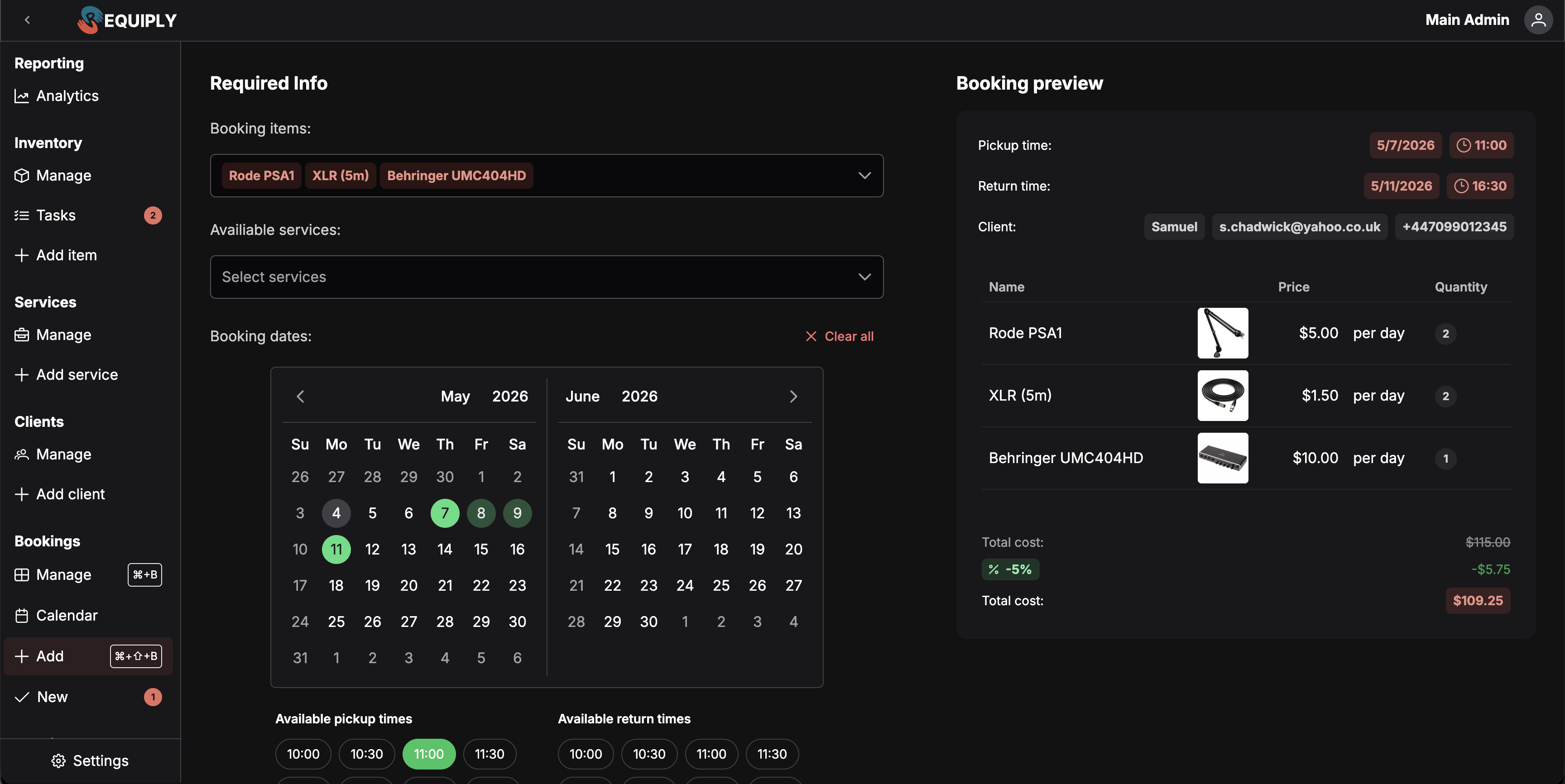 Página Add booking con el formulario a la izquierda y la vista previa de la reserva en directo a la derecha