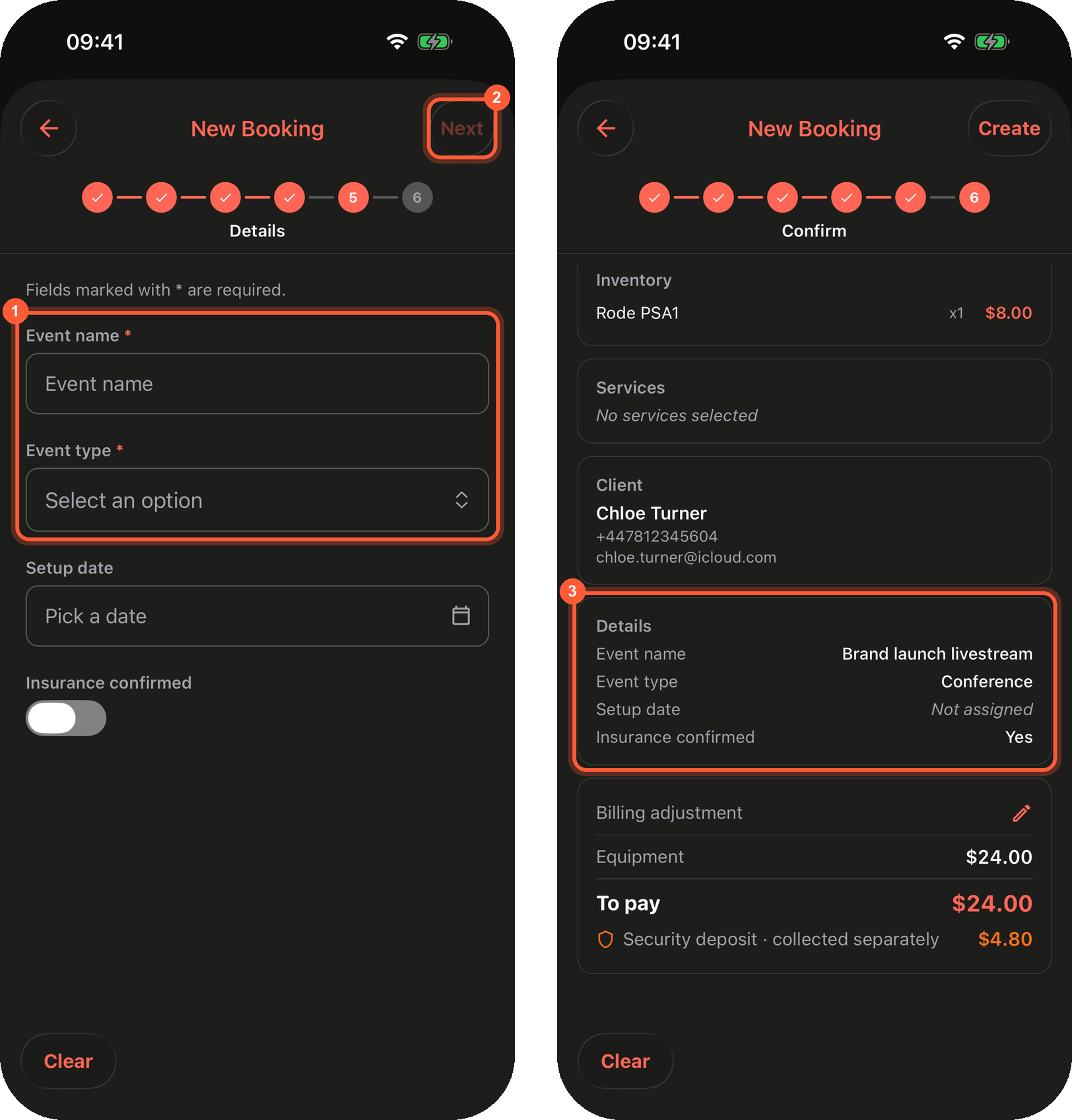 Two iPhone screens of the New Booking wizard in dark mode. Left, step 5 Details: the hint Fields marked with * are required, then box 1 around Event name * (empty text field) and Event type * (Select an option), followed by Setup date (Pick a date) and an Insurance confirmed switch; box 2 marks the Next button in the top right, dimmed. Right, step 6 Confirm, scrolled down: Inventory with Rode PSA1 x1 8.00 dollars, Services with No services selected, the Client card for Chloe Turner, then box 3 around a Details card listing Event name Brand launch livestream, Event type Conference, Setup date Not assigned and Insurance confirmed Yes, above the price card with To pay 24.00 dollars