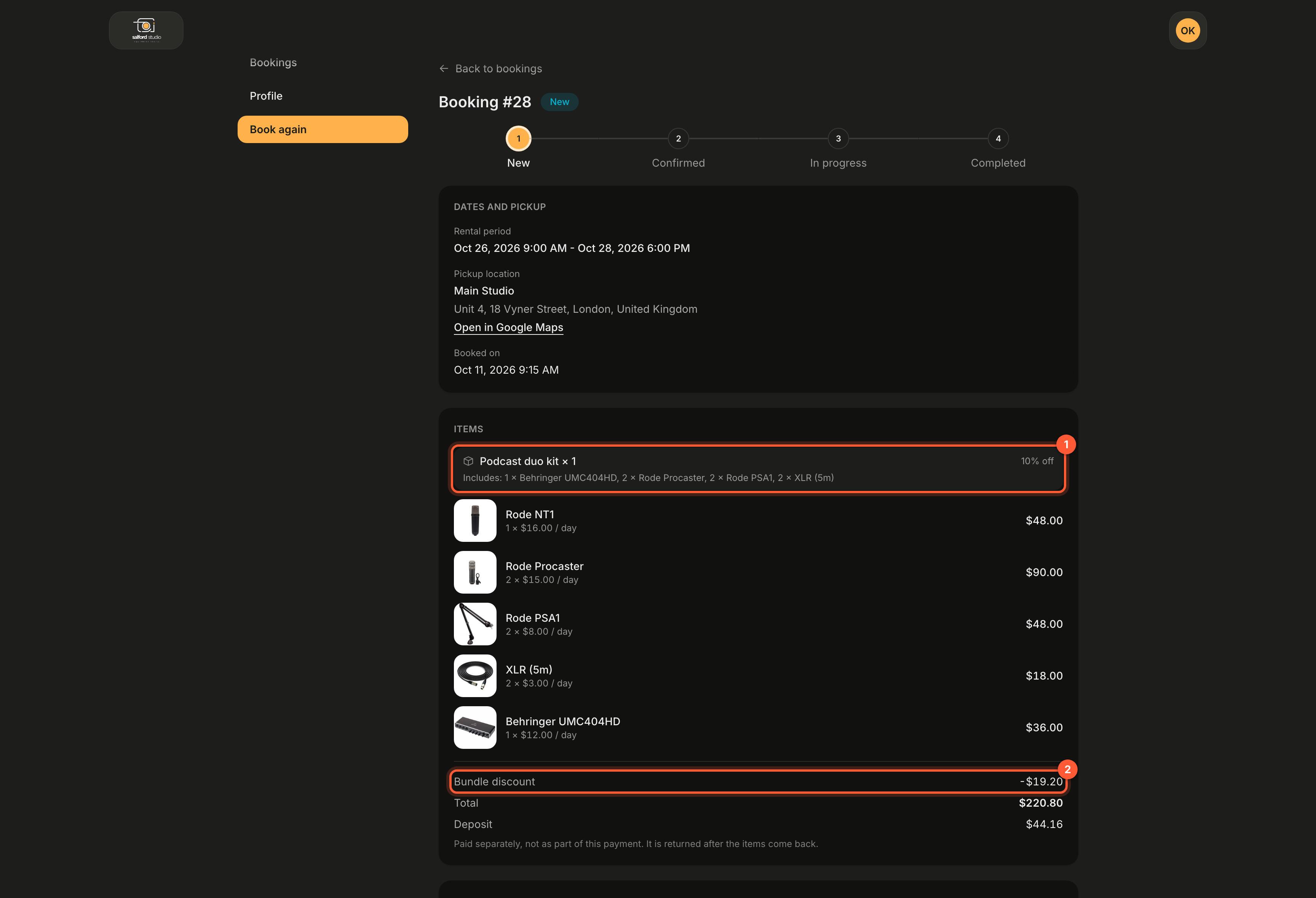 Booking #28 in the portal account area, dark mode, with a New pill and the progress line New, Confirmed, In progress, Completed. Under Dates and pickup, the Items card starts with box 1 around Podcast duo kit × 1, 10% off, and its Includes line, then Rode NT1 1 × 16.00 dollars per day 48.00, Rode Procaster 2 × 15.00 90.00, Rode PSA1 2 × 8.00 48.00, XLR (5m) 2 × 3.00 18.00 and Behringer UMC404HD 1 × 12.00 36.00. Box 2 marks Bundle discount -19.20 dollars above Total 220.80 dollars and Deposit 44.16 dollars