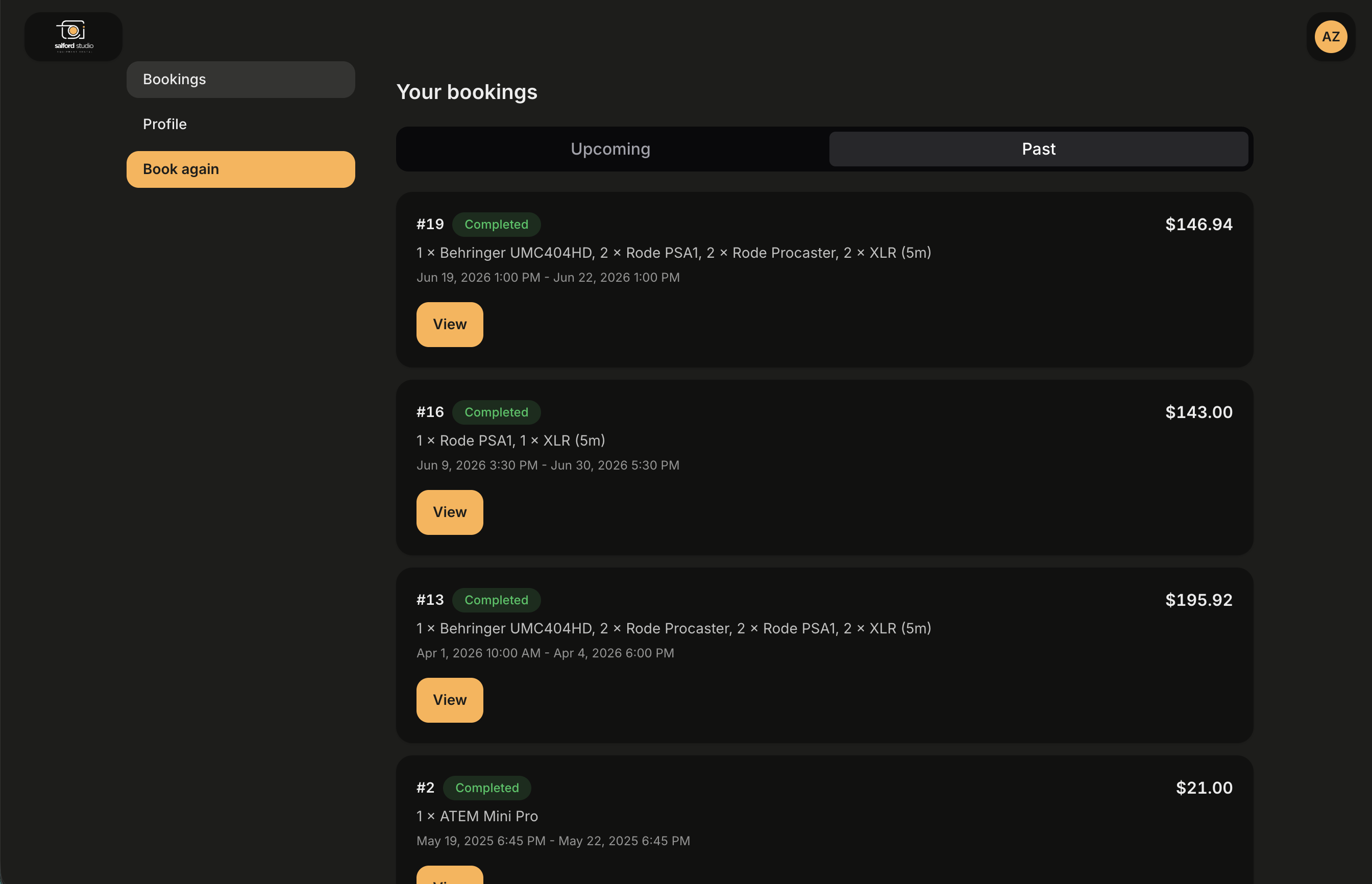 The Your bookings page of the portal account area in dark mode. The side navigation lists Bookings and Profile with a Book again button under them. The page is headed Your bookings, with an Upcoming and Past switch under it and Past selected. Each booking is a card carrying its number and a green Completed pill on the left, the total on the right, a one-line summary of the items with their quantities, the rental period, and a View button
