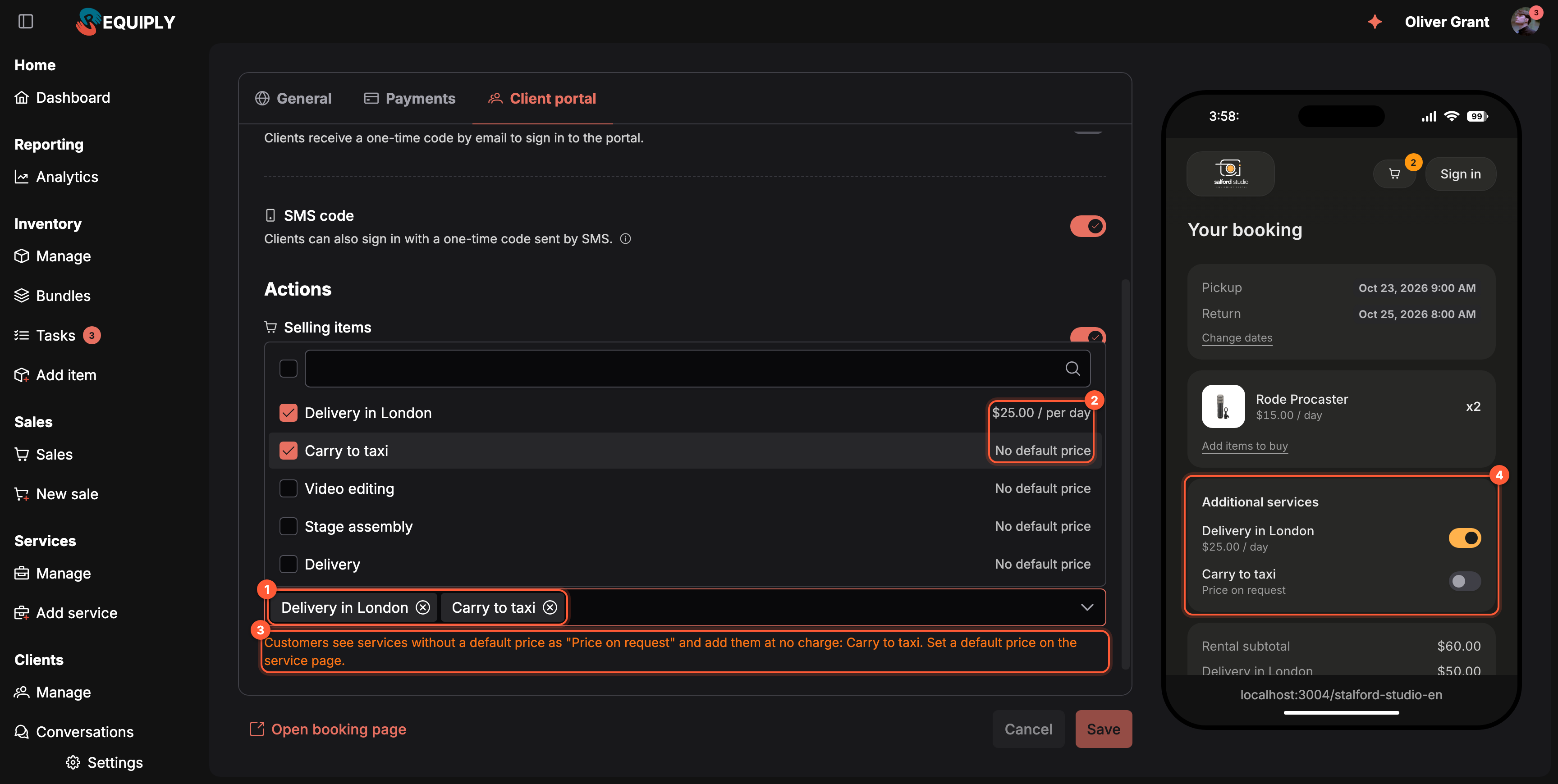 The Client portal tab of the Edit website screen in dark mode, scrolled to the Checkout services section at the bottom, with its description. The Choose services field holds the chips Delivery in London and Carry to taxi (1). Its dropdown is open above it and lists each service with its price on the right: Delivery in London $25.00 / per day and Carry to taxi No default price, both ticked, then Video editing, Stage assembly and Delivery (2). Under the field an orange warning reads Customers see services without a default price as Price on request and add them at no charge: Carry to taxi. Set a default price on the service page (3). On the right, the phone preview shows the portal checkout Your booking with Rode Procaster x2 for Oct 23 to 25, and an Additional services card listing Delivery in London $25.00 / day with its switch on and Carry to taxi Price on request with its switch off (4)