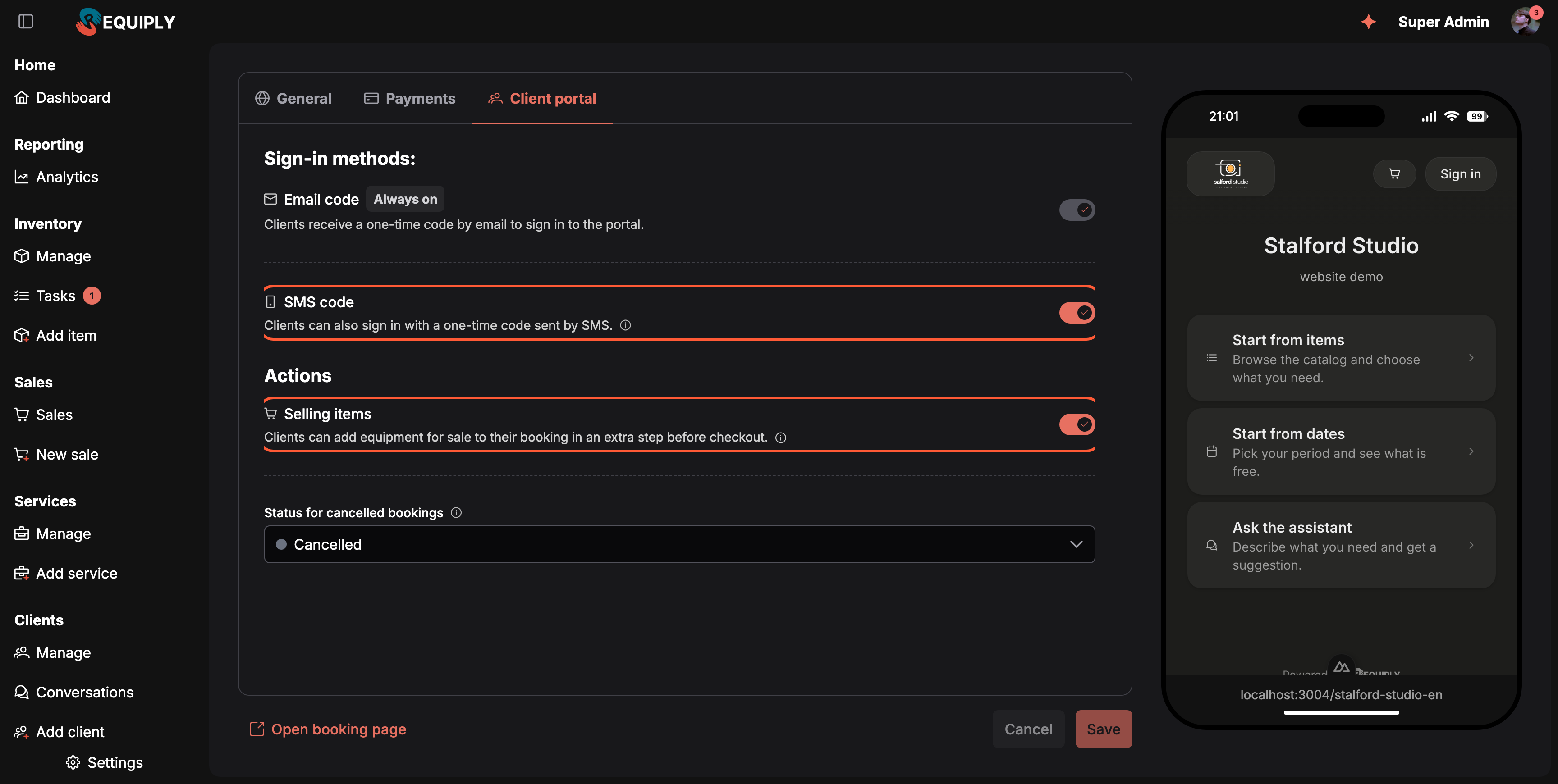 The Client portal tab of the Edit website screen in dark mode. Under Sign-in methods, Email code with a grey Always on tag and a locked switch, then a highlighted SMS code row: Clients can also sign in with a one-time code sent by SMS, switched on. Under Actions, a highlighted Selling items row: Clients can add equipment for sale to their booking in an extra step before checkout, switched on. Below, Status for cancelled bookings set to Cancelled. On the right, the phone preview of the portal entry page with Start from items, Start from dates and Ask the assistant