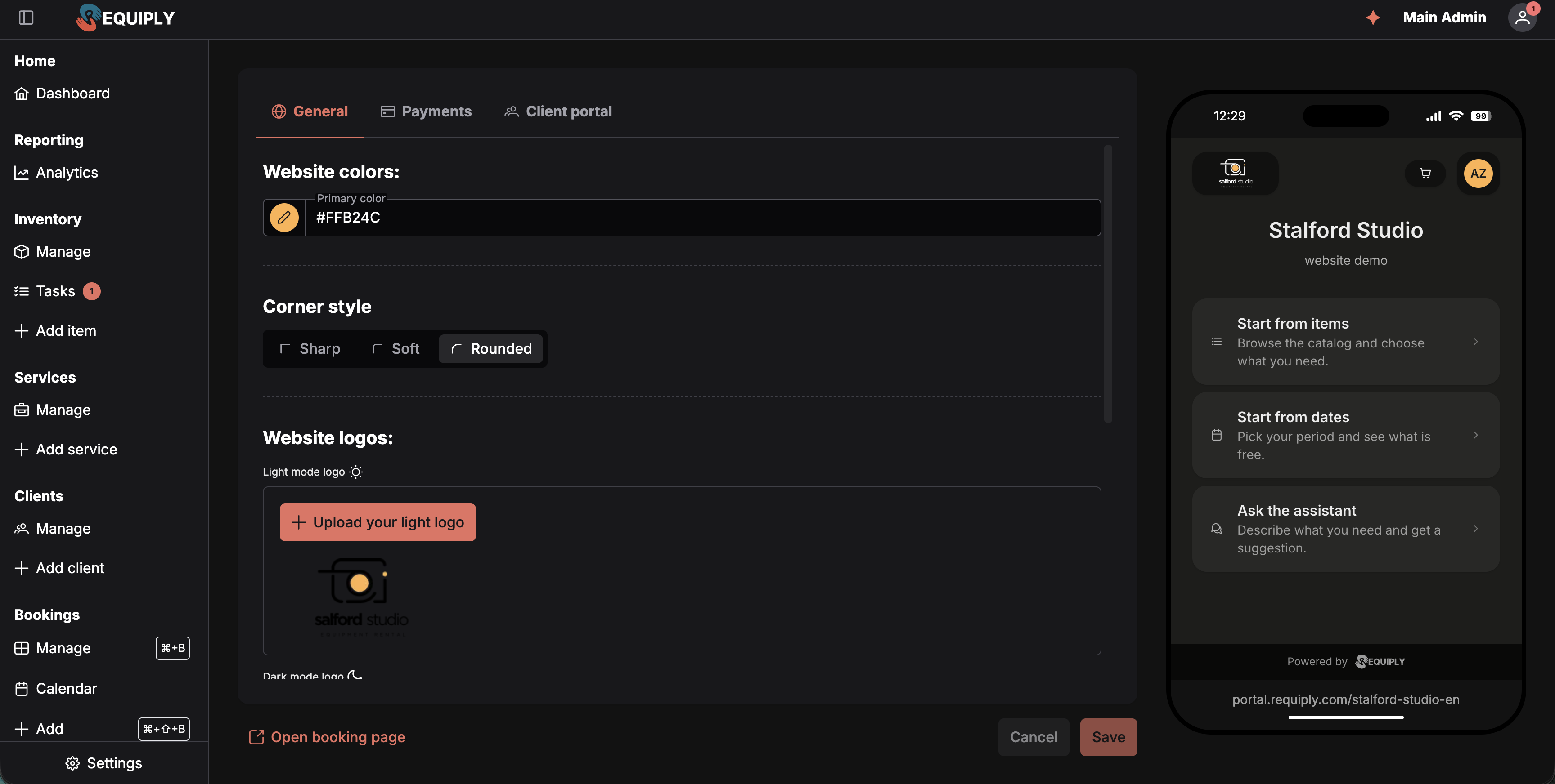 The Edit website screen in dark mode. On the left the editor card with the General, Payments and Client portal tabs, then Website colors with the primary color swatch and the hex value, Corner style as a Sharp, Soft and Rounded button group with Rounded selected, and Website logos with the Upload your light logo button and the current logo below it. Under the card, Open booking page on the left and Cancel and Save on the right. On the right a phone frame showing the portal entry page: the logo, a cart button and the AZ account bubble, the organization name Stalford Studio with the description website demo, and the Start from items, Start from dates and Ask the assistant cards, with Powered by Requiply at the bottom and the address portal.requiply.com/stalford-studio-en printed under the frame