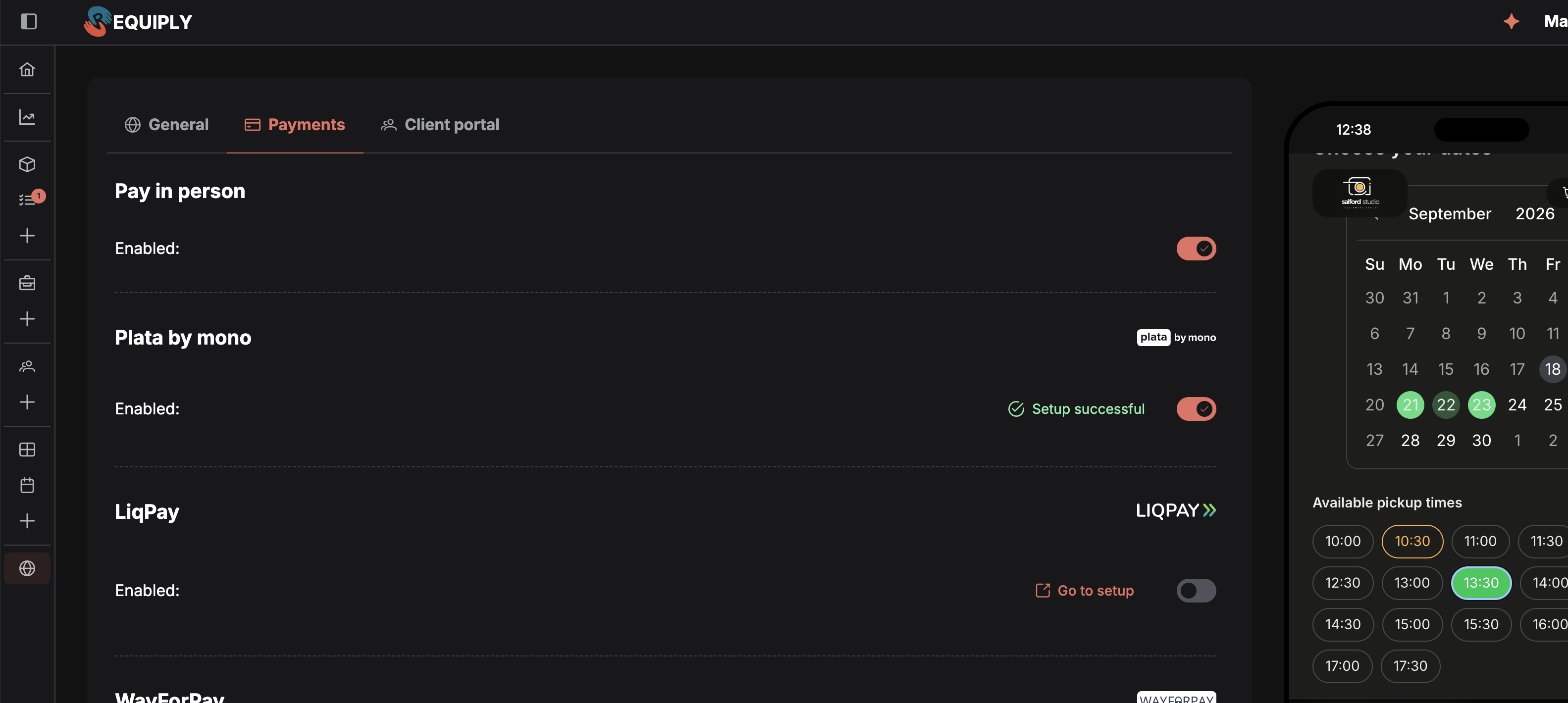 The Payments tab of the Edit website screen in dark mode. Pay in person sits at the top with an Enabled row and its switch on. Under it Plata by mono with its logo, a green Setup successful indicator and its switch on. Then LiqPay with its logo, a Go to setup link with an external link icon, and its switch off. WayForPay follows below. Under the card, Open booking page on the left and Cancel and Save on the right, with the phone preview of the portal on the right of the screen