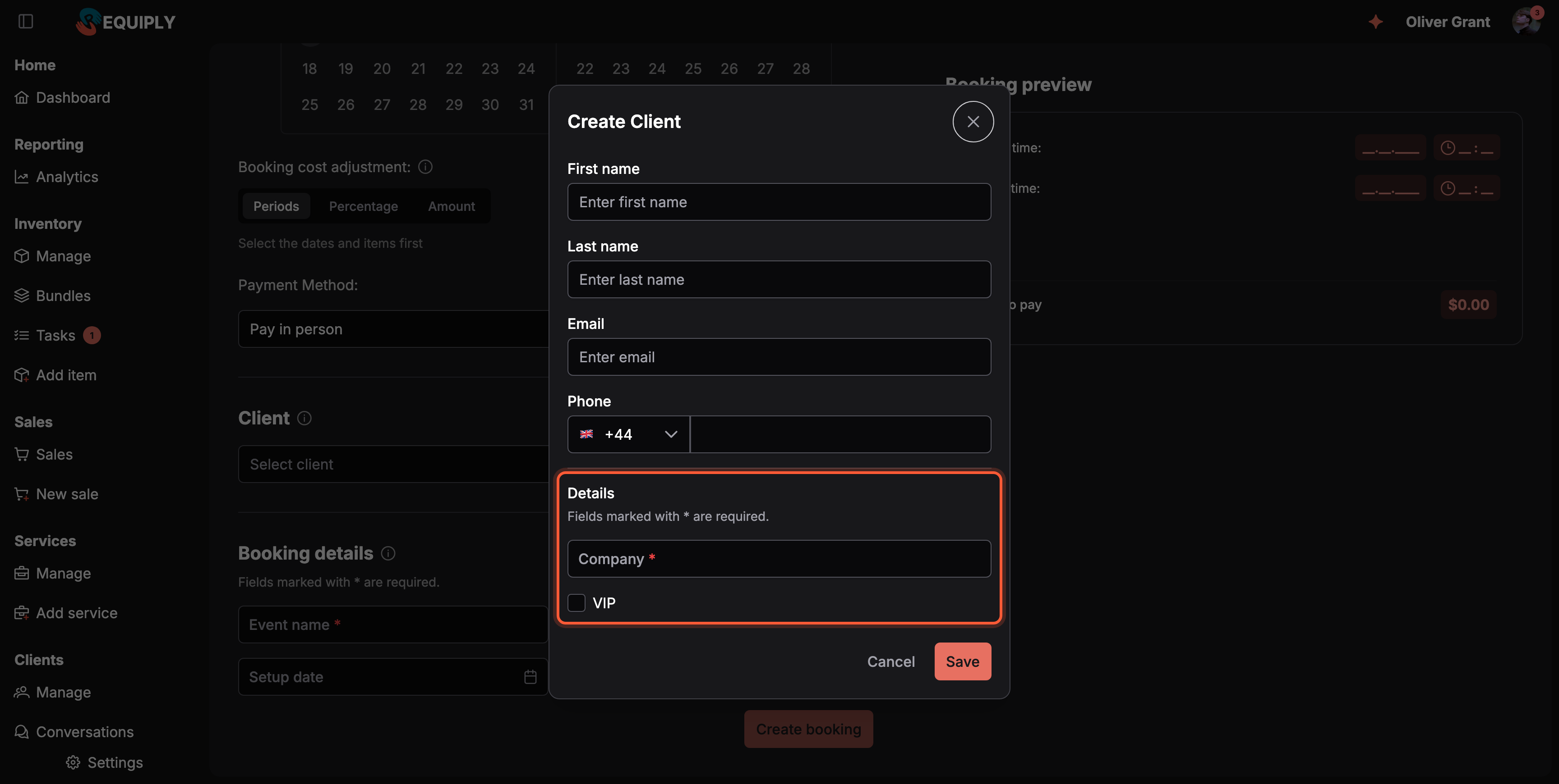 The Create Client dialog opened from Add booking: First name, Last name, Email and Phone, then a highlighted Details part with the hint Fields marked with * are required, a Company field marked with a red asterisk and a VIP checkbox, above Cancel and Save