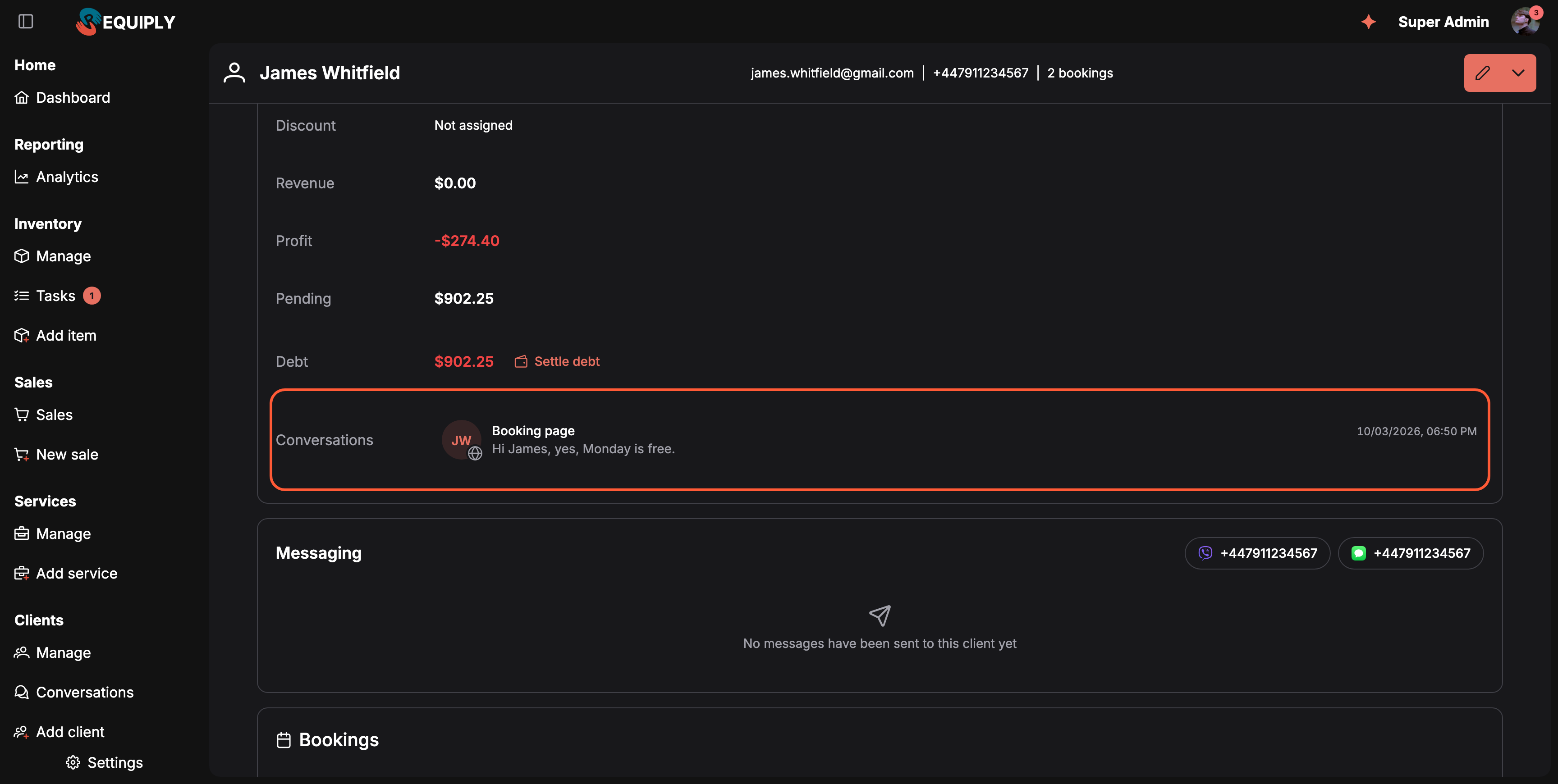 The client page of James Whitfield scrolled to the highlighted Conversations row. It lists one conversation from the Booking page with the last message Hi James, yes, Monday is free and the date 10/03/2026, 08:50 PM. Below it the Messaging card