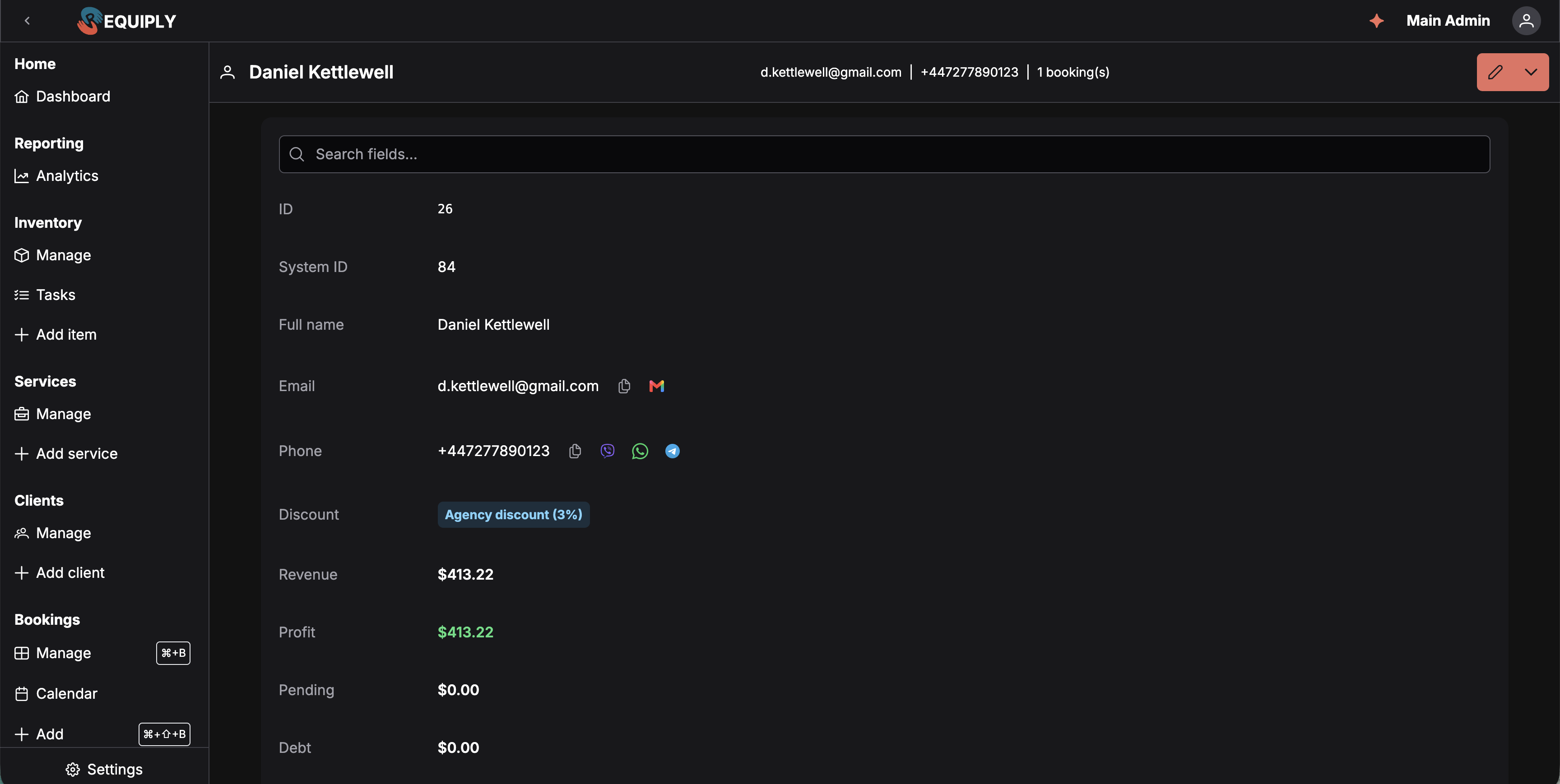 Client details page: the toolbar, then one card with a Search fields box above the ID, System ID, Full name, Email, Phone, Discount, Revenue, Profit, Pending and Debt rows