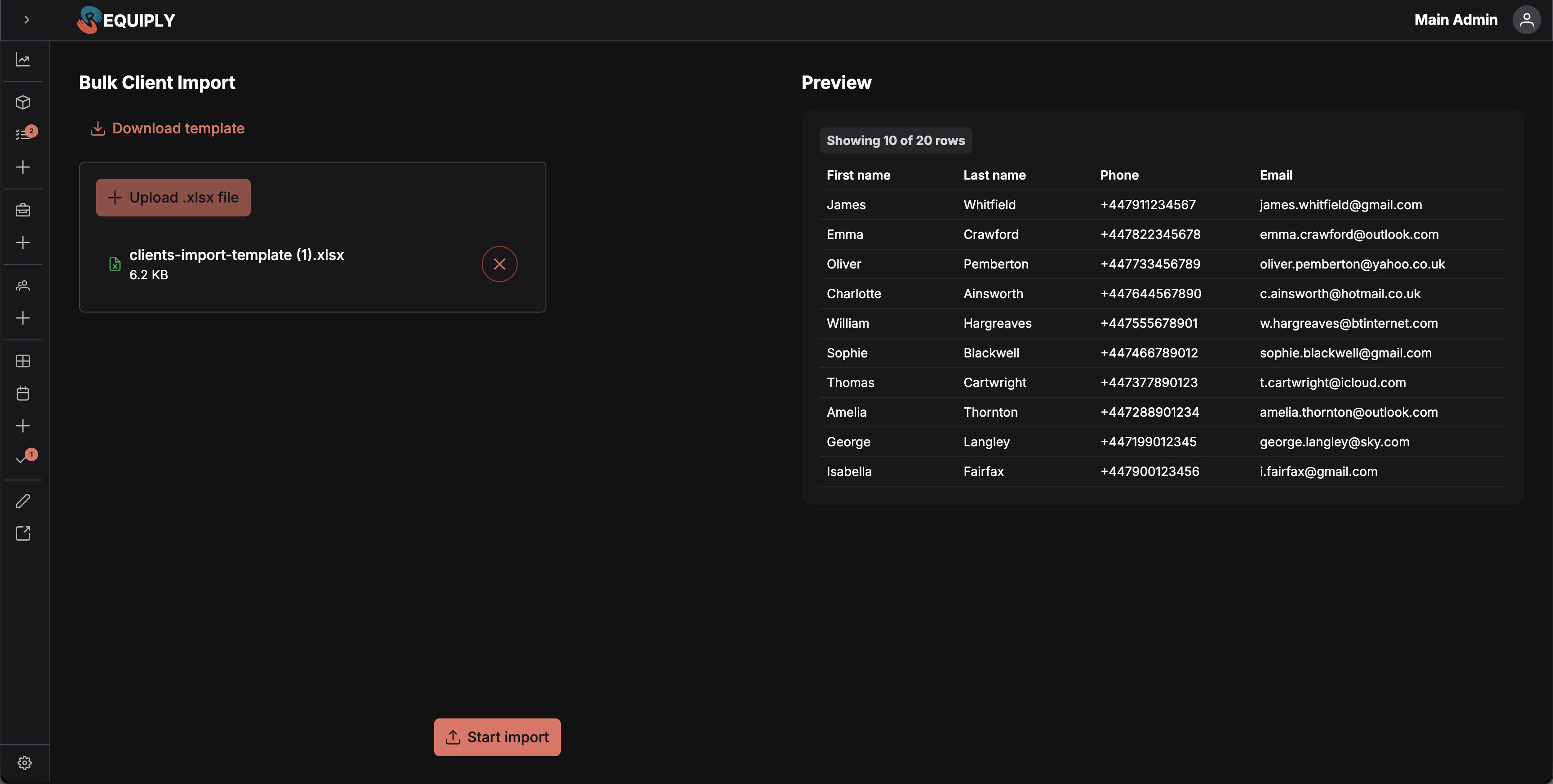 Página Bulk Client Import