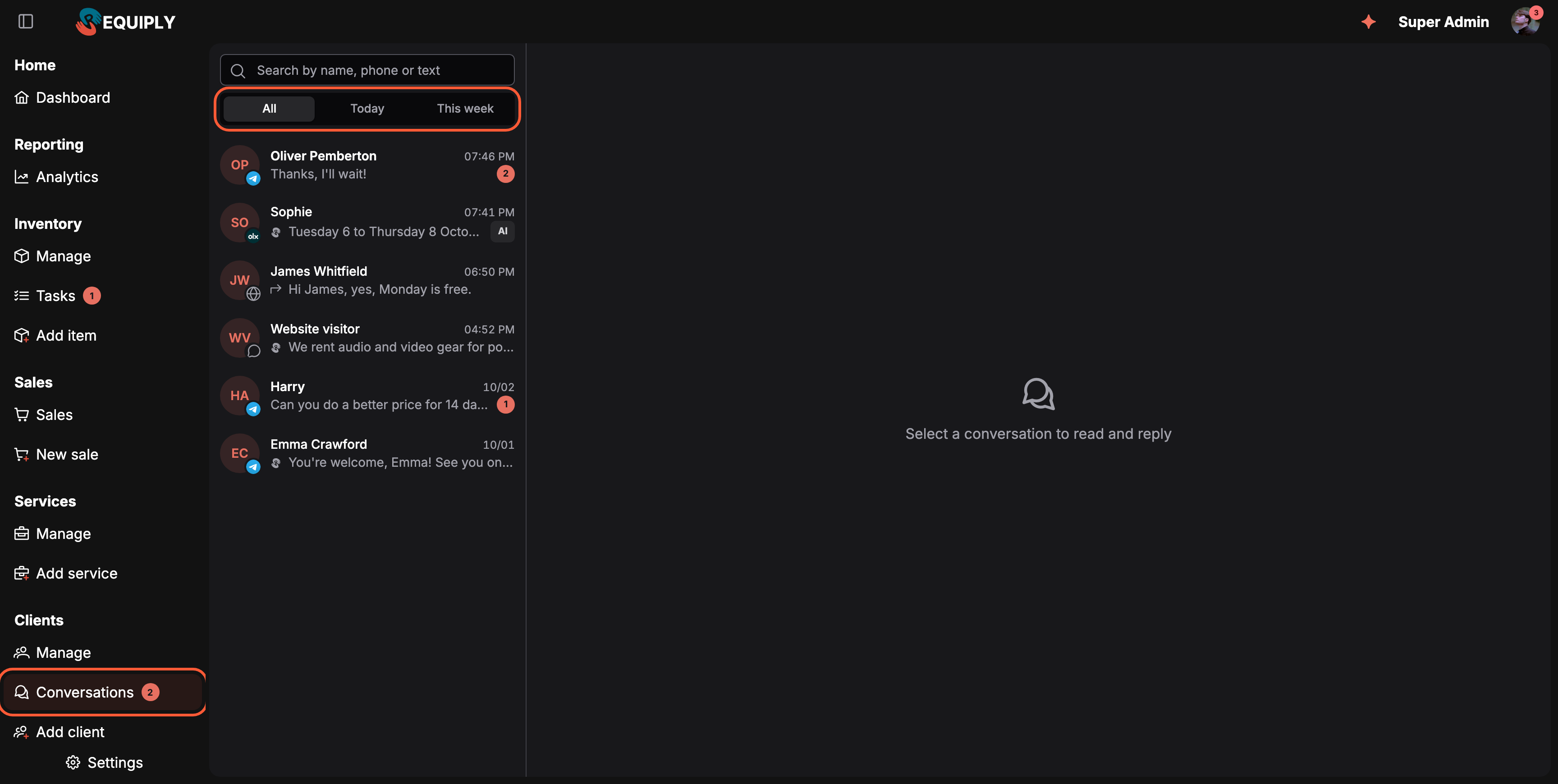 The Conversations page on the web in dark mode. The sidebar item Conversations is highlighted with a badge of 2. The list shows a search field Search by name, phone or text, the period switch All, Today and This week (highlighted), and six conversations: Oliver Pemberton on Telegram with 2 unread, Sophie on OLX with an AI tag, James Whitfield from the booking page, a Website visitor from the website widget, Harry on Telegram with 1 unread, and Emma Crawford on Telegram. The right side reads Select a conversation to read and reply
