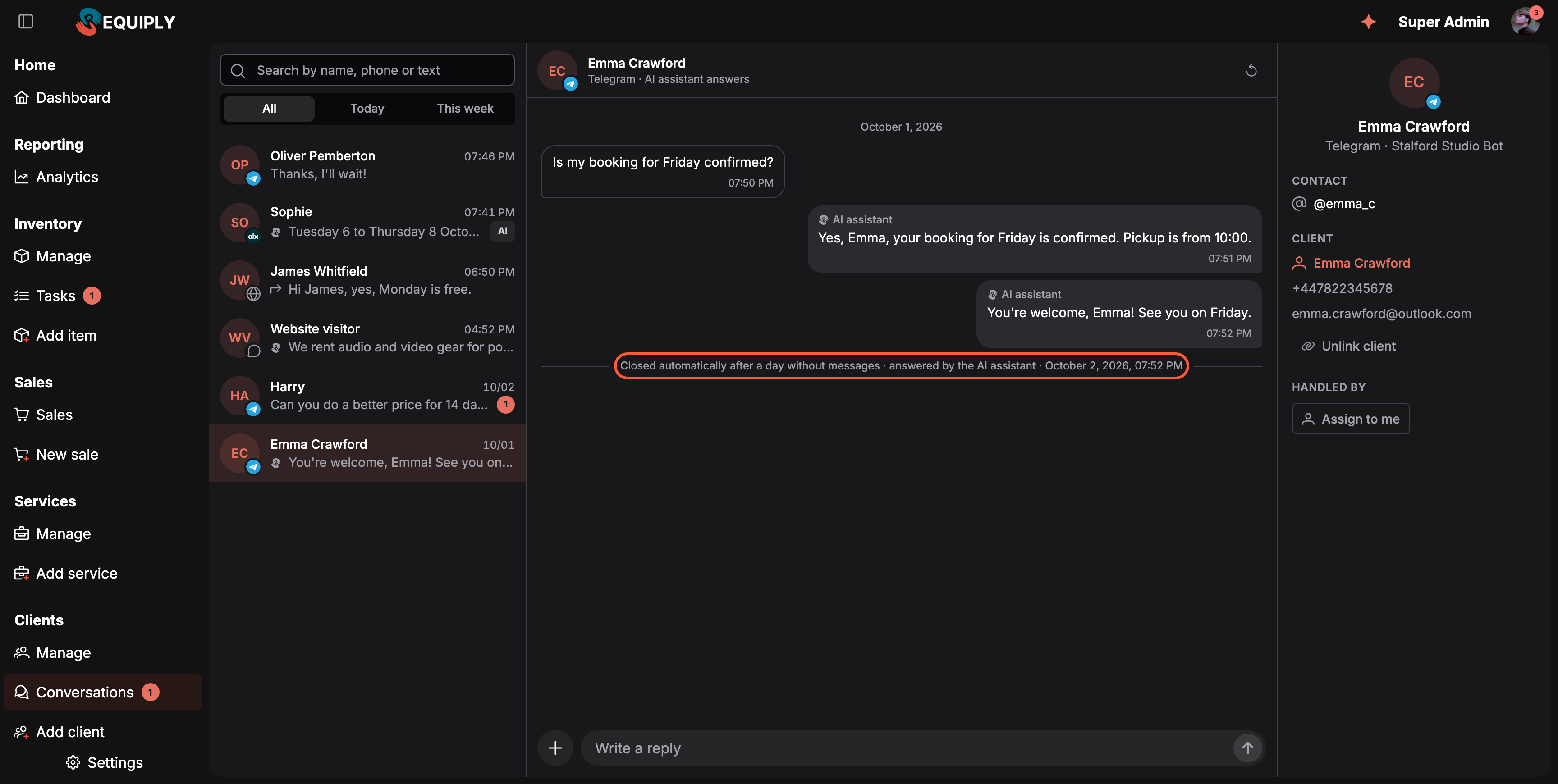 A closed Telegram conversation with Emma Crawford. The client asks if Friday's booking is confirmed and the AI assistant confirms pickup from 10:00. A highlighted divider reads Closed automatically after a day without messages, answered by the AI assistant, October 2, 2026. The header shows a reopen arrow instead of the check mark
