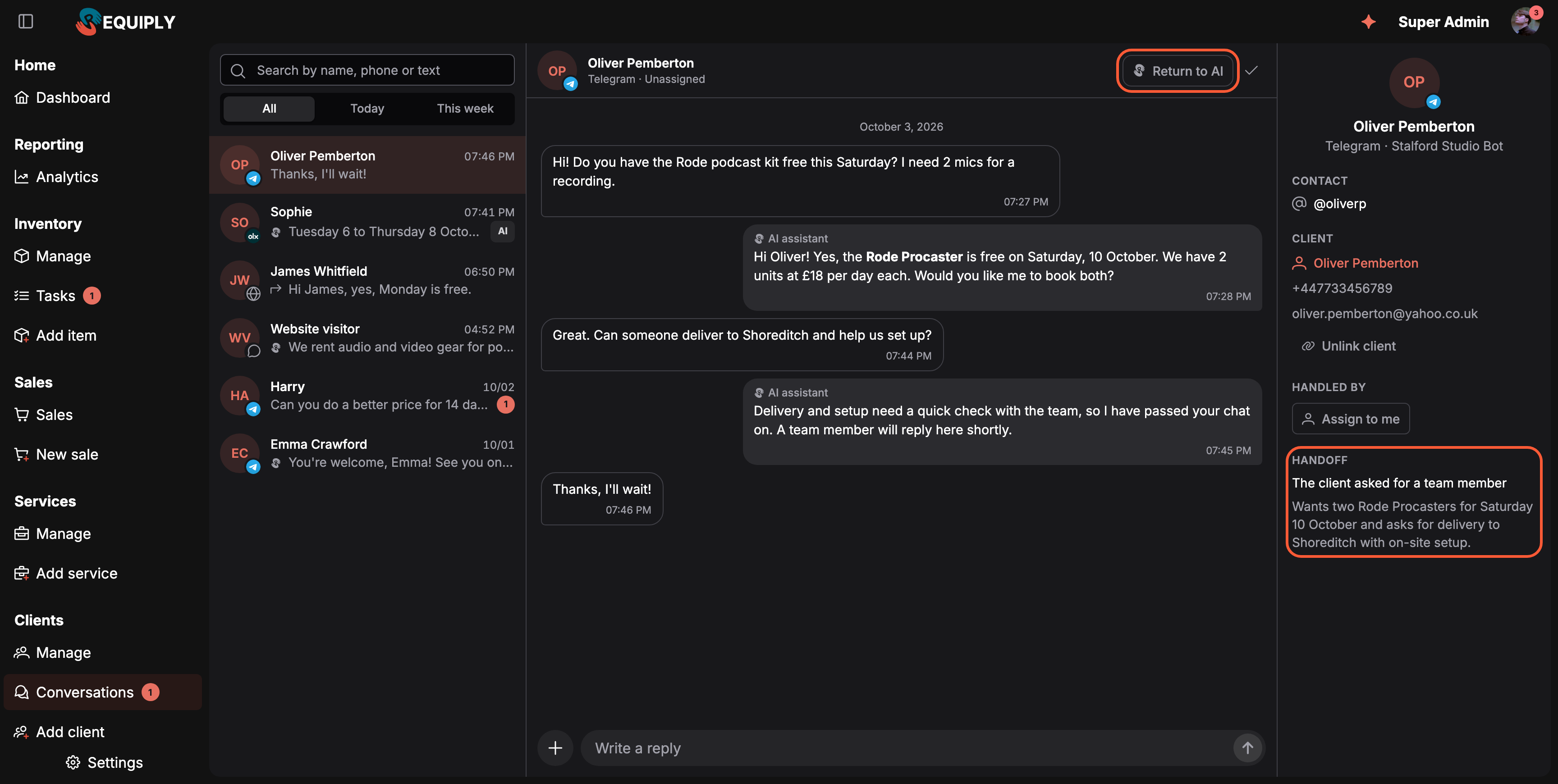 An open Telegram conversation with Oliver Pemberton. The header reads Telegram, Unassigned, with a Return to AI button (highlighted) and a check mark to close the conversation. The thread shows the client asking for two Rode microphones on Saturday, the AI assistant offering two Rode Procasters at 18 pounds a day, the client asking for delivery to Shoreditch and setup, and the AI assistant passing the chat to the team. The right panel shows Contact @oliverp, Client Oliver Pemberton with phone and email and Unlink client, Handled by with an Assign to me button, and a highlighted Handoff section: The client asked for a team member, with a summary of the request