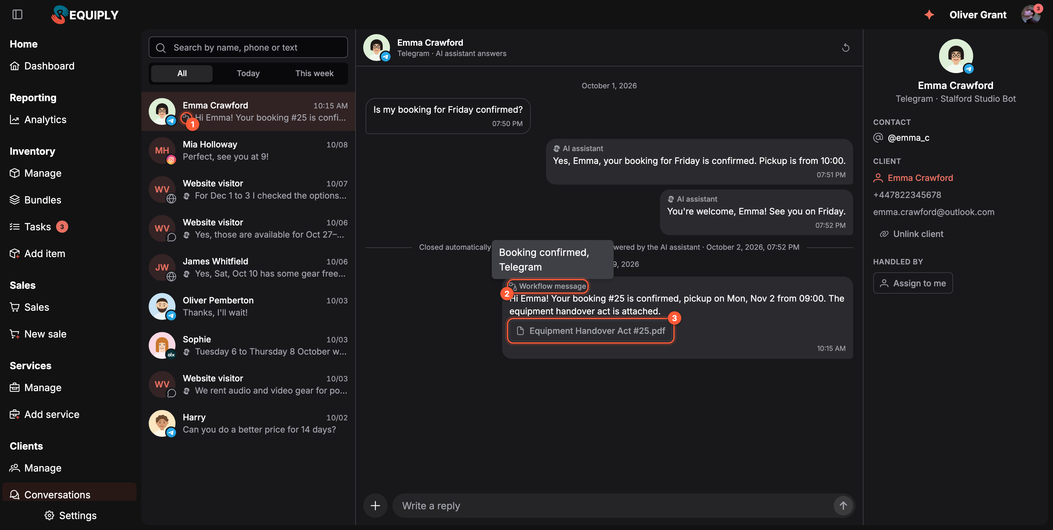 The Telegram conversation with Emma Crawford in the web inbox in dark mode. In the conversation list on the left, her row is selected and its preview, Hi Emma! Your booking #25 is confi..., starts with a small workflow icon (1). In the thread, after the earlier AI assistant replies and the line Closed automatically after a day without messages, a message signed Workflow message with a workflow icon (2) reads Hi Emma! Your booking #25 is confirmed, pickup on Mon, Nov 2 from 09:00. The equipment handover act is attached. Below the text the file Equipment Handover Act #25.pdf (3). A tooltip over the label shows the workflow name Booking confirmed, Telegram. The panel on the right shows the contact @emma_c and the linked client Emma Crawford