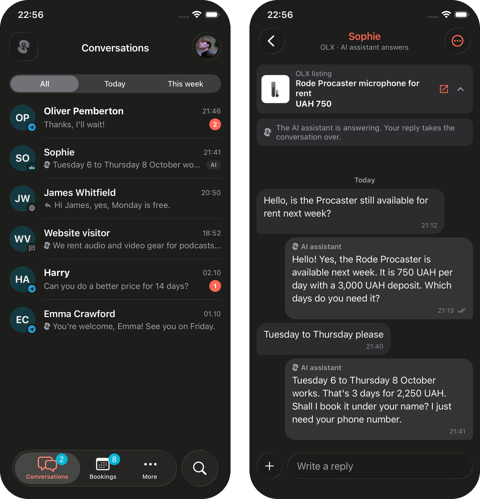 Two iPhone screenshots in dark mode. Left: the Conversations tab with the All, Today and This week switch and six conversations from Telegram, OLX, the booking page and the website widget, with unread badges and an AI tag. Right: an OLX conversation with Sophie, with the OLX listing card for the Rode Procaster microphone for rent at 750 UAH, the note that the AI assistant is answering, and the thread with a double tick on the AI reply the buyer has read