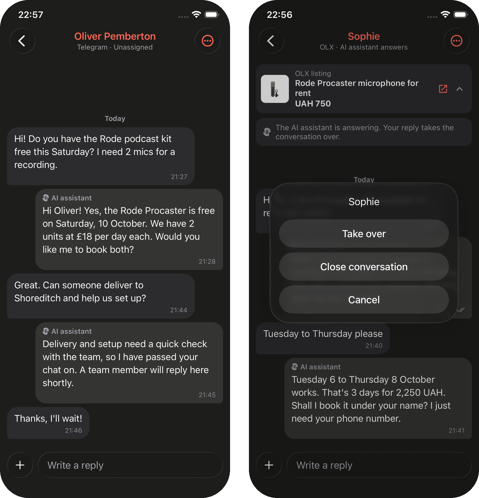 Two iPhone screenshots. Left: a Telegram conversation with Oliver Pemberton marked Unassigned, with the client's questions and the AI assistant's replies. Right: the actions menu of an OLX conversation with Take over, Close conversation and Cancel