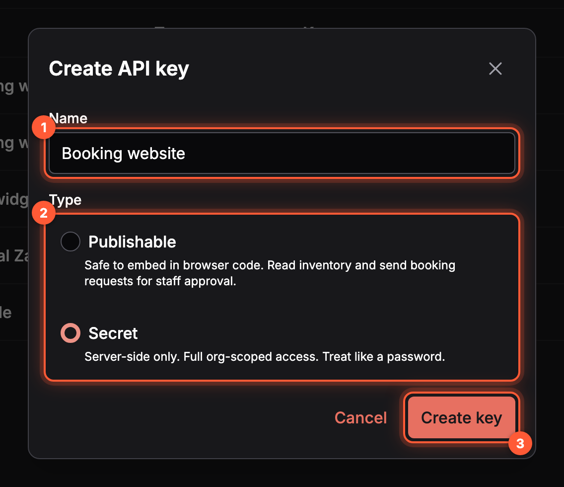 Okno Utwórz klucz API z trzema ponumerowanymi wyróżnieniami: pole Nazwa z wartością Booking website, wybór Typ z opcjami Publiczny i Tajny, z zaznaczonym Tajny, oraz przycisk Utwórz klucz