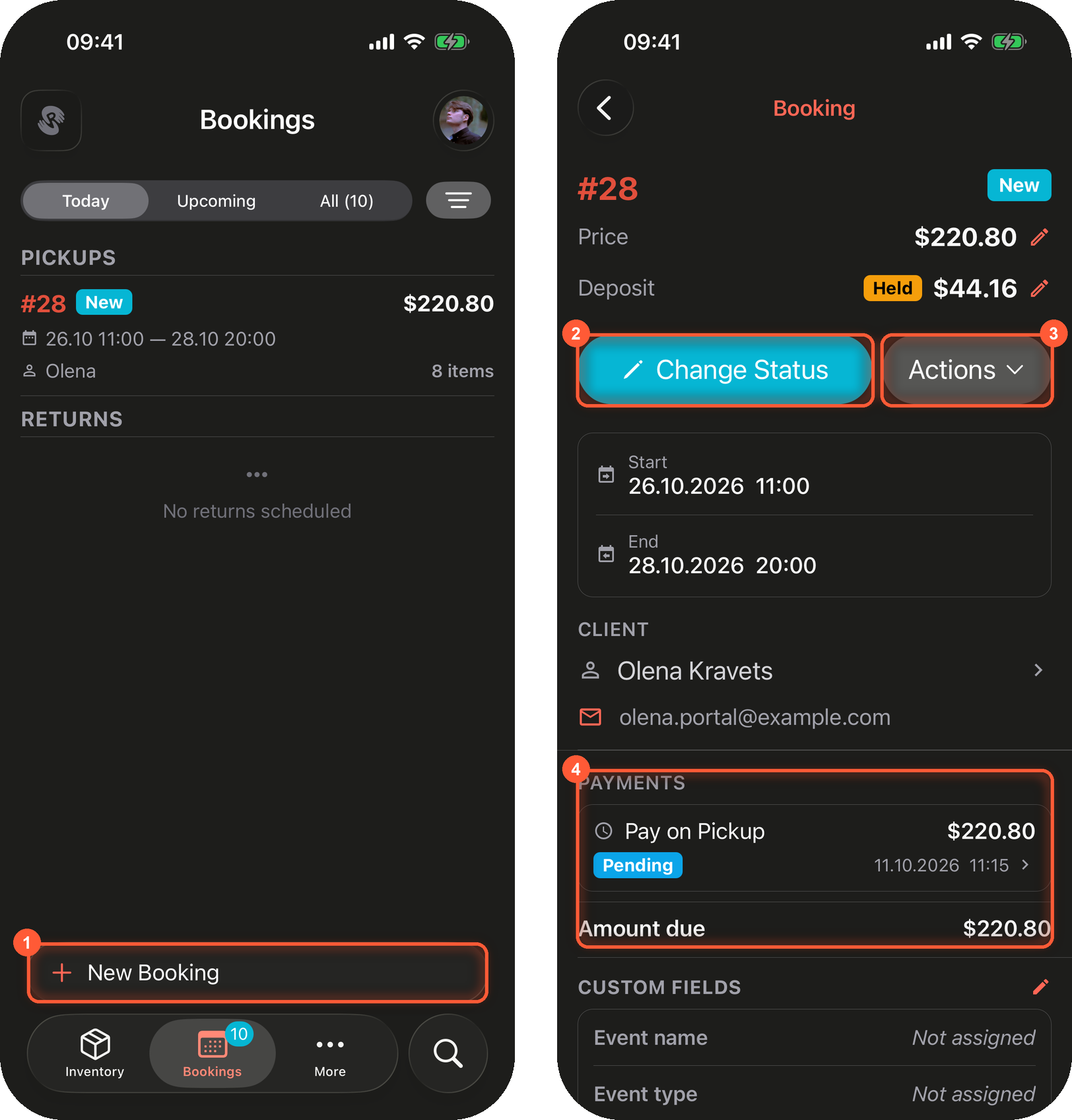 Dwa ekrany iPhone'a: zakładka Rezerwacje z wyróżnionym przyciskiem Nowa rezerwacja oraz ekran rezerwacji z wyróżnionymi elementami Zmień status, Akcje i sekcją Płatności
