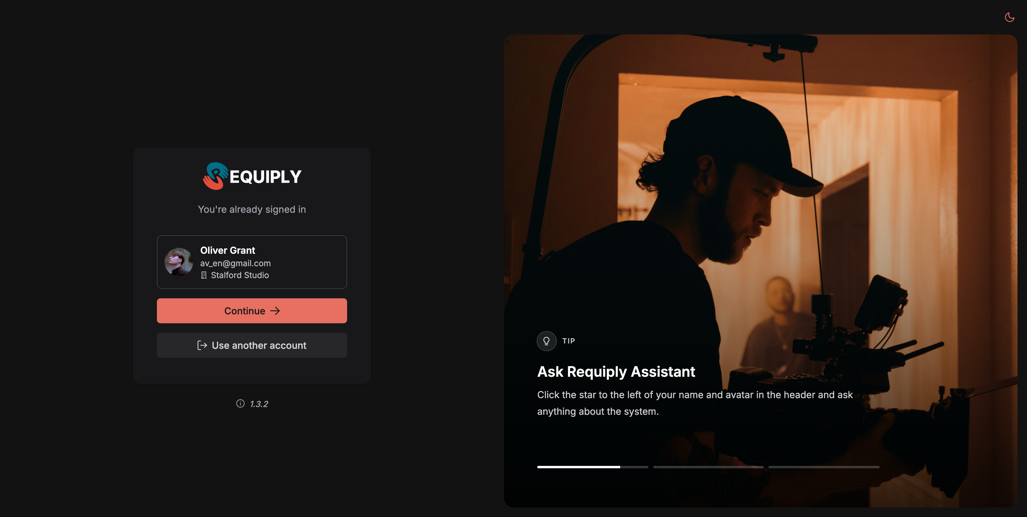 The Requiply login page with the subtitle You're already signed in. Below it, an account card with the avatar, the name, the email, and the organization name next to a building icon, then a Continue button with an arrow and a secondary Use another account button with a sign-out icon