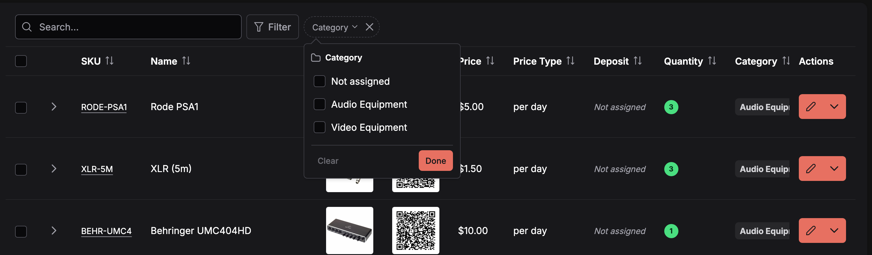 La barra de herramientas de Manage items: el cuadro Search, el botón Filter y una etiqueta Category con su editor abierto y las opciones Not assigned, Audio Equipment y Video Equipment, además de los botones Clear y Done, encima de la tabla de productos