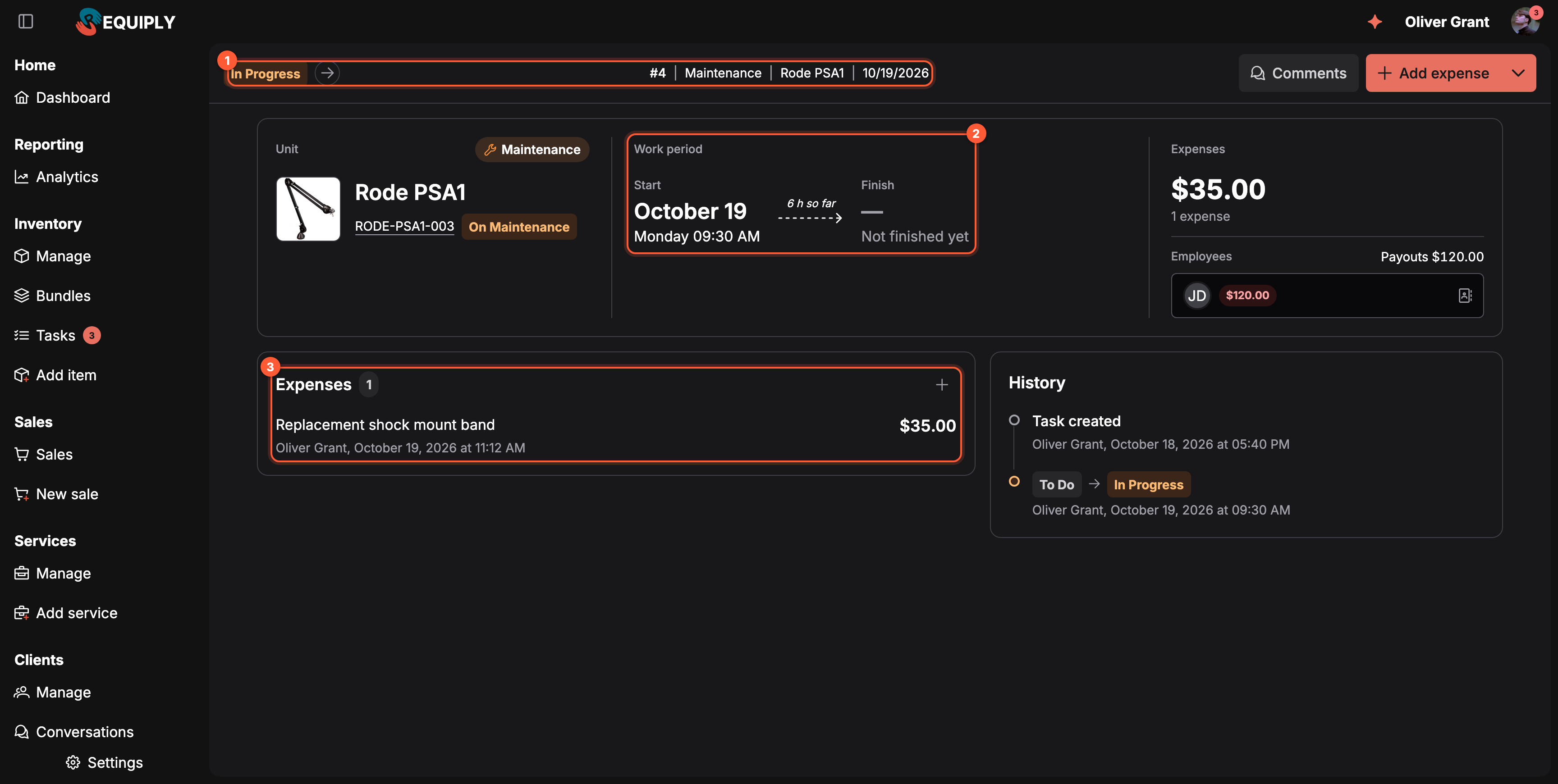 La página de la tarea #4 en modo oscuro. La cabecera muestra una etiqueta de estado In Progress con una flecha, después #4 | Maintenance | Rode PSA1 | 10/19/2026 y, a la derecha, un botón Comments y un botón Add expense con una flecha de menú. Debajo, una tarjeta de resumen en tres partes: Unit con la foto del Rode PSA1, el nombre del producto, la etiqueta de SKU RODE-PSA1-003, una etiqueta On Maintenance y una insignia de tipo Maintenance; Work period con Start October 19, Monday 09:30 AM, una flecha con el texto 6 h so far y Finish con el texto Not finished yet; Expenses con $35.00 y 1 expense, y debajo Employees y Payouts $120.00 con JD asignado. Debajo, una tarjeta Expenses con un gasto, Replacement shock mount band $35.00 de Oliver Grant, y una tarjeta History con Task created y To Do to In Progress, cada uno con su autor y su hora. El recuadro 1 marca la línea de la cabecera, el recuadro 2 el periodo de trabajo y el recuadro 3 la tarjeta de gastos