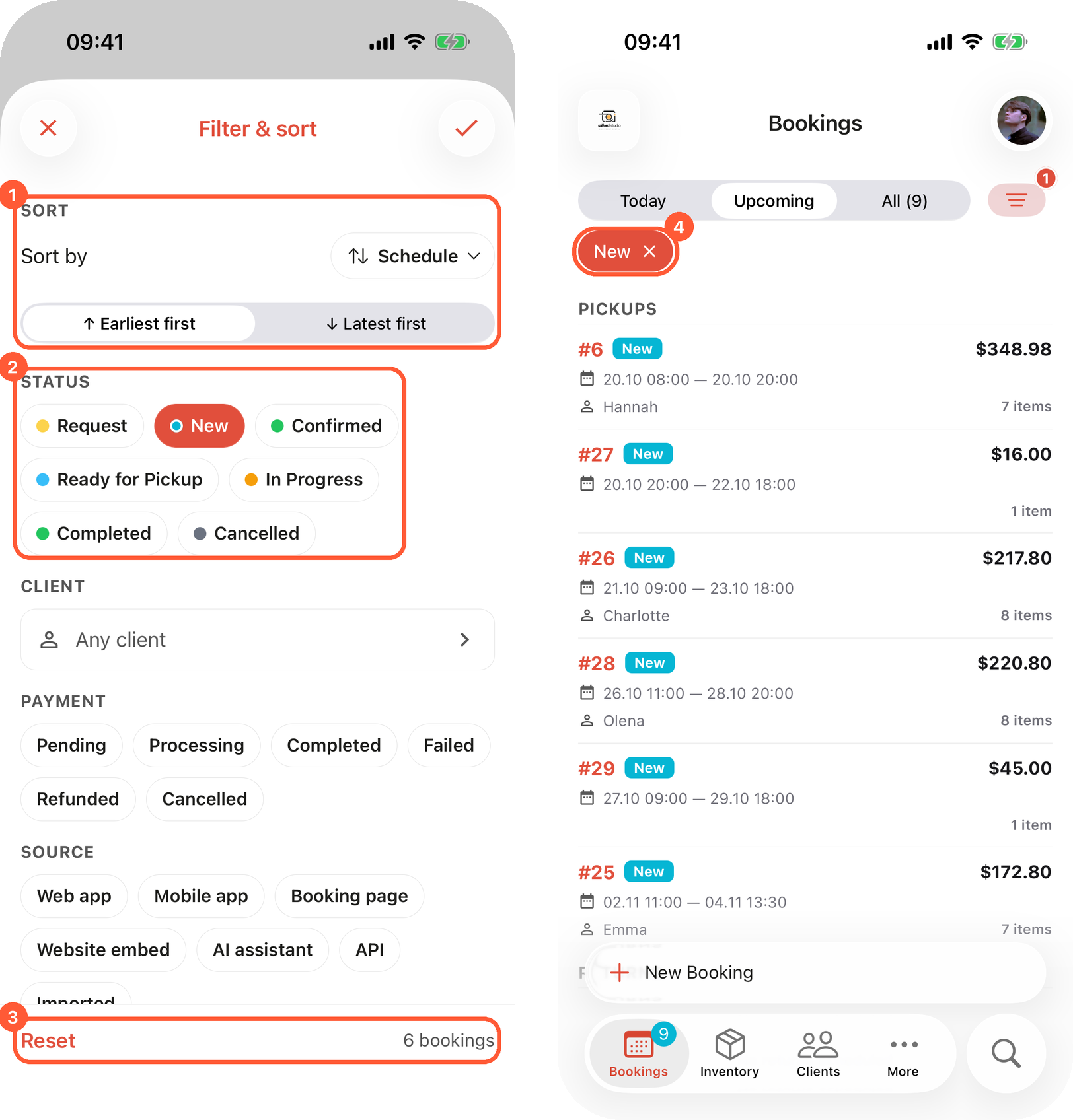 Два екрани iPhone. Ліворуч панель Фільтри й сортування: рамка 1 навколо Сортування (Сортувати за Розклад, Спочатку ранні або Спочатку пізні), рамка 2 навколо кнопок статусів із вибраним Нове, рамка 3 навколо Скинути та лічильника 6 бронювань. Нижче розділи Клієнт, Оплата та Джерело. Праворуч список Майбутні після застосування: рамка 4 навколо мітки Нове з хрестиком для видалення, кнопка фільтра показує 1