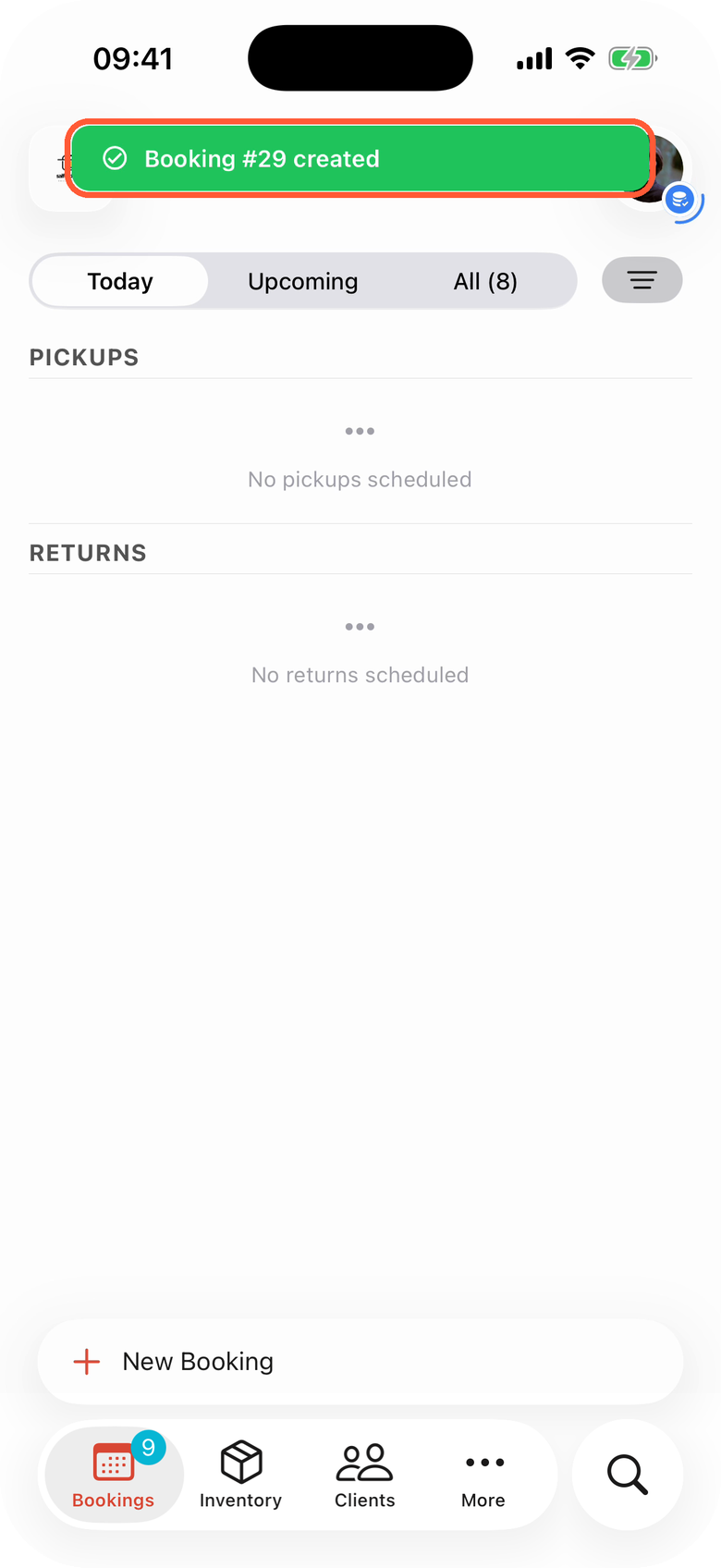 The Bookings tab after the app was reopened, with the highlighted green message Booking #29 created at the top and a blue badge with a spinning ring on the avatar while the copy on the phone updates