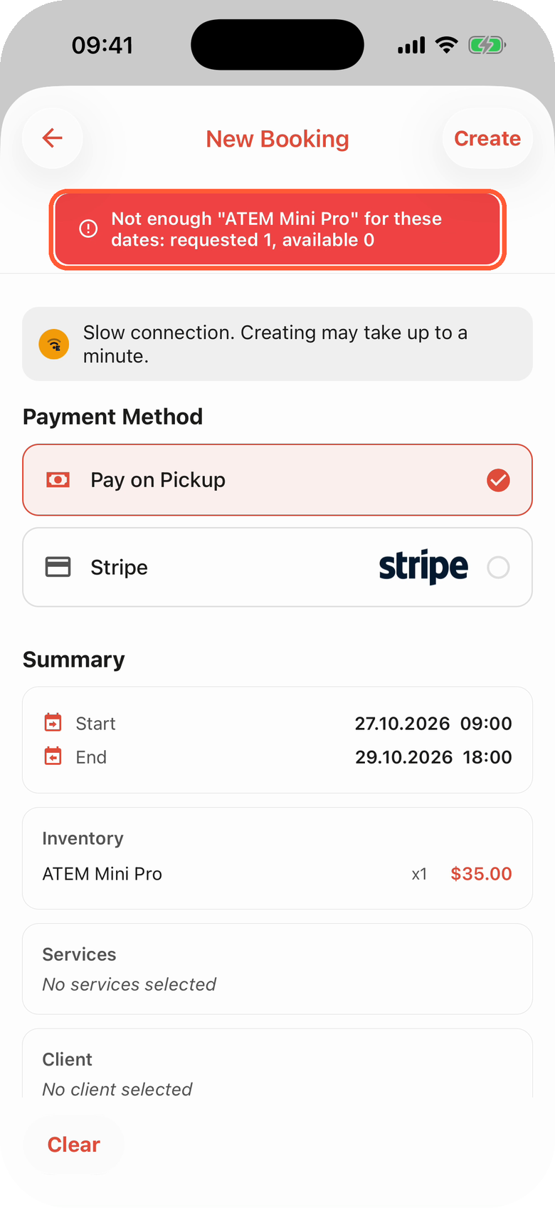 The New Booking Confirm step on a weak connection with the highlighted red message Not enough ATEM Mini Pro for these dates: requested 1, available 0, above the Slow connection notice and the summary
