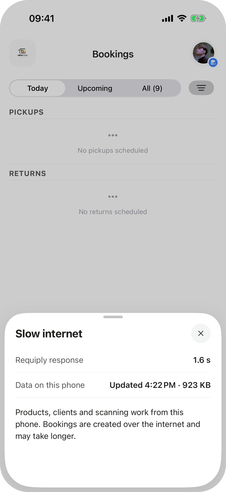 The Slow internet sheet in the Requiply app on an iPhone: Requiply response 1.6 s, Data on this phone Updated 4:22 PM · 923 KB, and the text Products, clients and scanning work from this phone. Bookings are created over the internet and may take longer