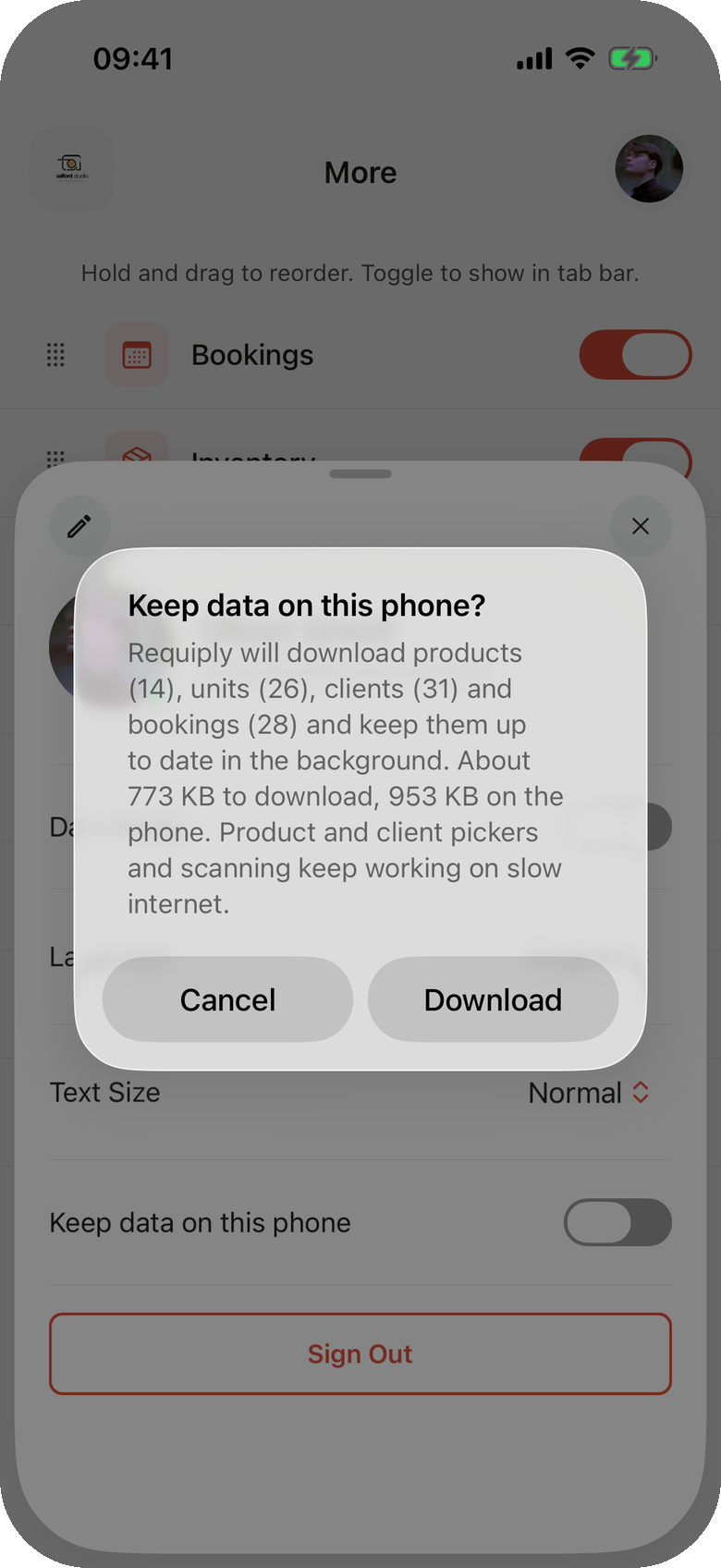The Keep data on this phone? dialog on an iPhone: Requiply will download products, units, clients and bookings and keep them up to date in the background, about 773 KB to download, 953 KB on the phone, with Cancel and Download buttons