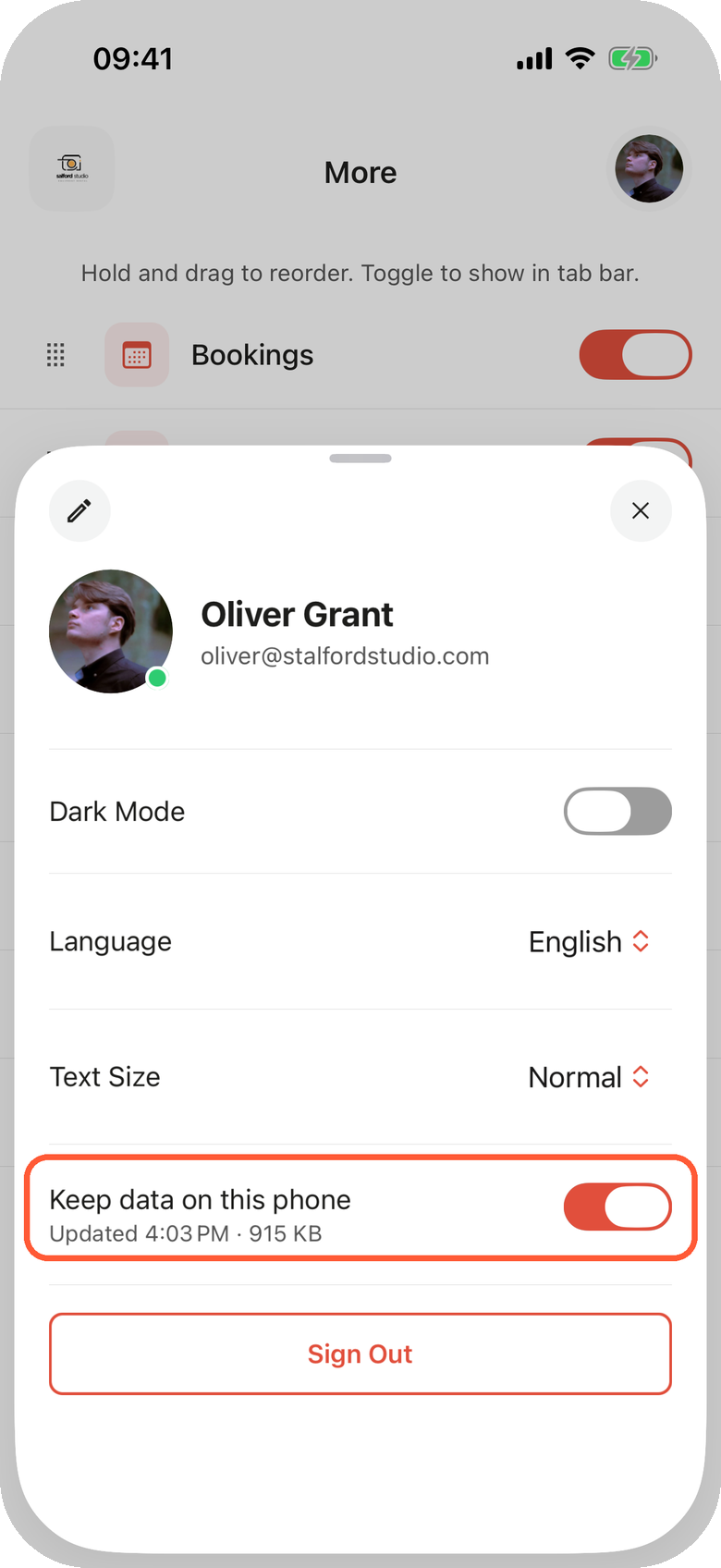 The profile sheet in the Requiply app with the Keep data on this phone switch on and highlighted, showing Updated 4:03 PM · 915 KB under it, above the Sign Out button