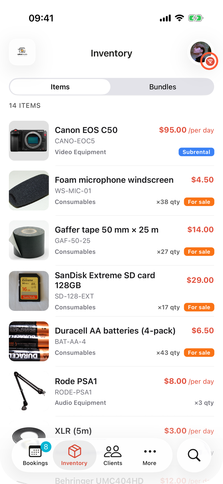 The Inventory tab in the Requiply app with no connection: products with photos, daily prices and stock, and a red badge on the avatar in the top right corner, highlighted