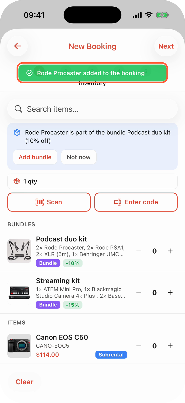 The Inventory step of New Booking on an iPhone after a unit code was added with Enter code: the highlighted green message Rode Procaster added to the booking at the top, the hint that Rode Procaster is part of the bundle Podcast duo kit, 1 qty and the Scan and Enter code buttons