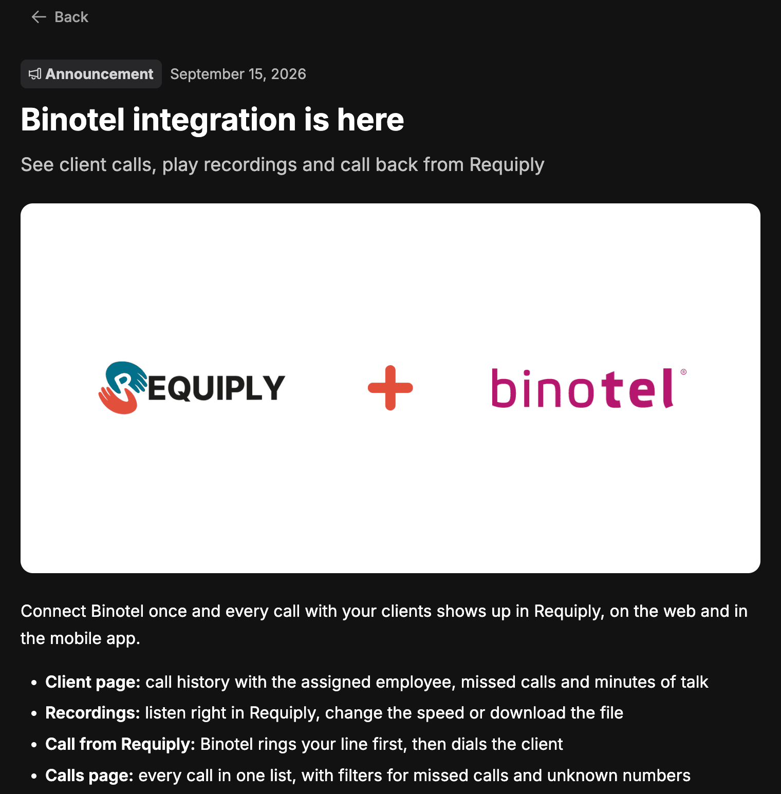 La página de una notificación en modo oscuro: Back, la etiqueta Announcement con fecha September 15, 2026, el título Binotel integration is here, el subtítulo See client calls, play recordings and call back from Requiply, una imagen de portada de Requiply y Binotel, y el texto con una lista de lo que aporta la integración
