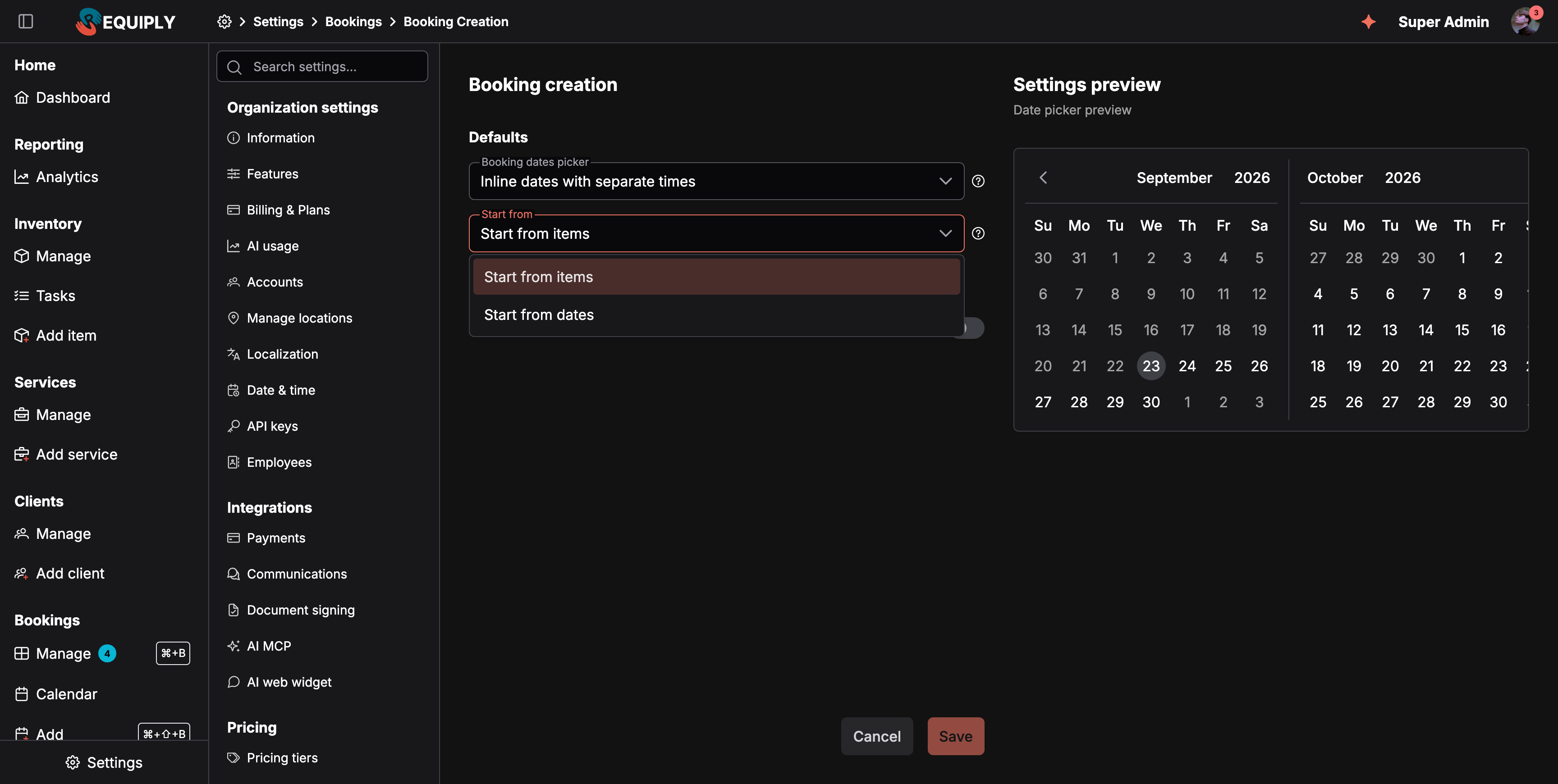 La página de configuración Booking creation. En Defaults, Booking dates picker está en Inline dates with separate times, y el desplegable Start from está abierto con las opciones Start from items y Start from dates. A la derecha hay una vista previa del selector de fechas.