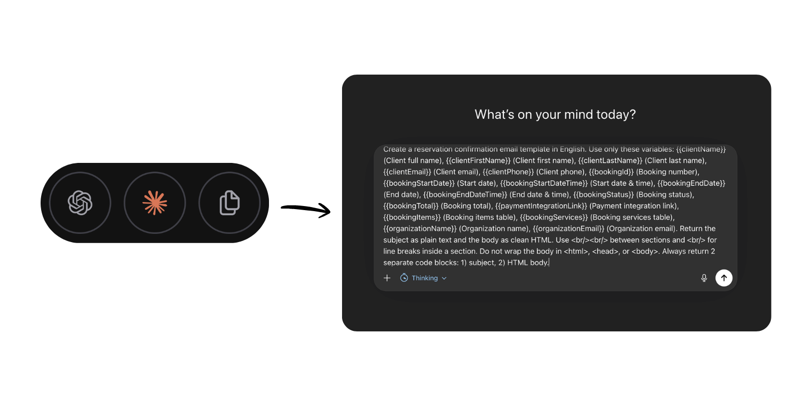 Open in ChatGPT, Open in Claude, and Copy prompt buttons next to the email body editor