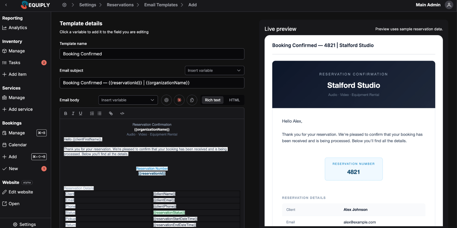Add email template form with template details on the left and live preview on the right