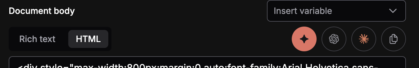 La barra de herramientas del contenido del documento con el interruptor Rich text y HTML, el desplegable Insert variable y los cuatro botones de IA