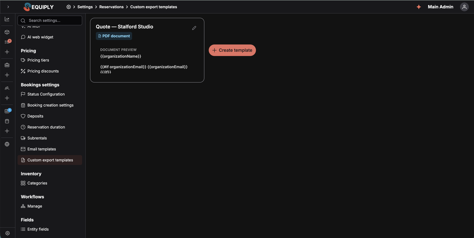 La página Custom export templates con una tarjeta de plantilla que muestra la etiqueta PDF document y la vista previa del documento, junto al botón Create template