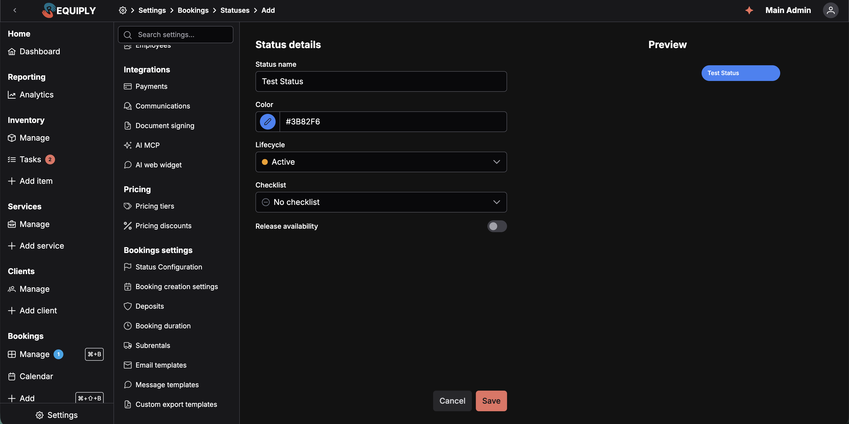 The Add Status form with a status name, a color picker, the Lifecycle dropdown set to Active, the Checklist dropdown set to No checklist, the Release availability toggle, and a preview of the status pill