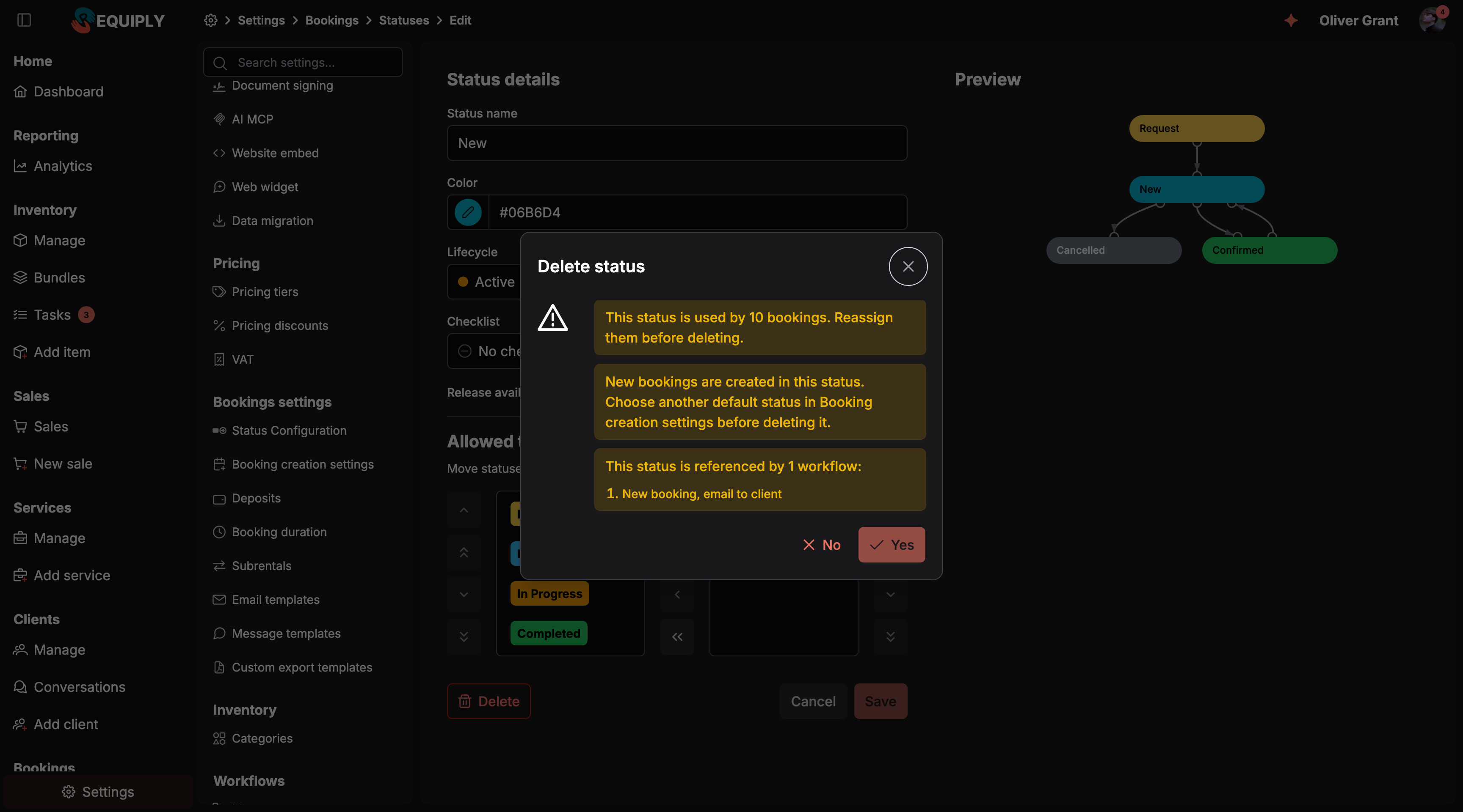 The Delete status dialog over the edit page of the New status. Three warnings are listed: This status is used by 10 bookings. Reassign them before deleting. New bookings are created in this status. Choose another default status in Booking creation settings before deleting it. This status is referenced by 1 workflow: followed by the workflow name. The Yes button is disabled