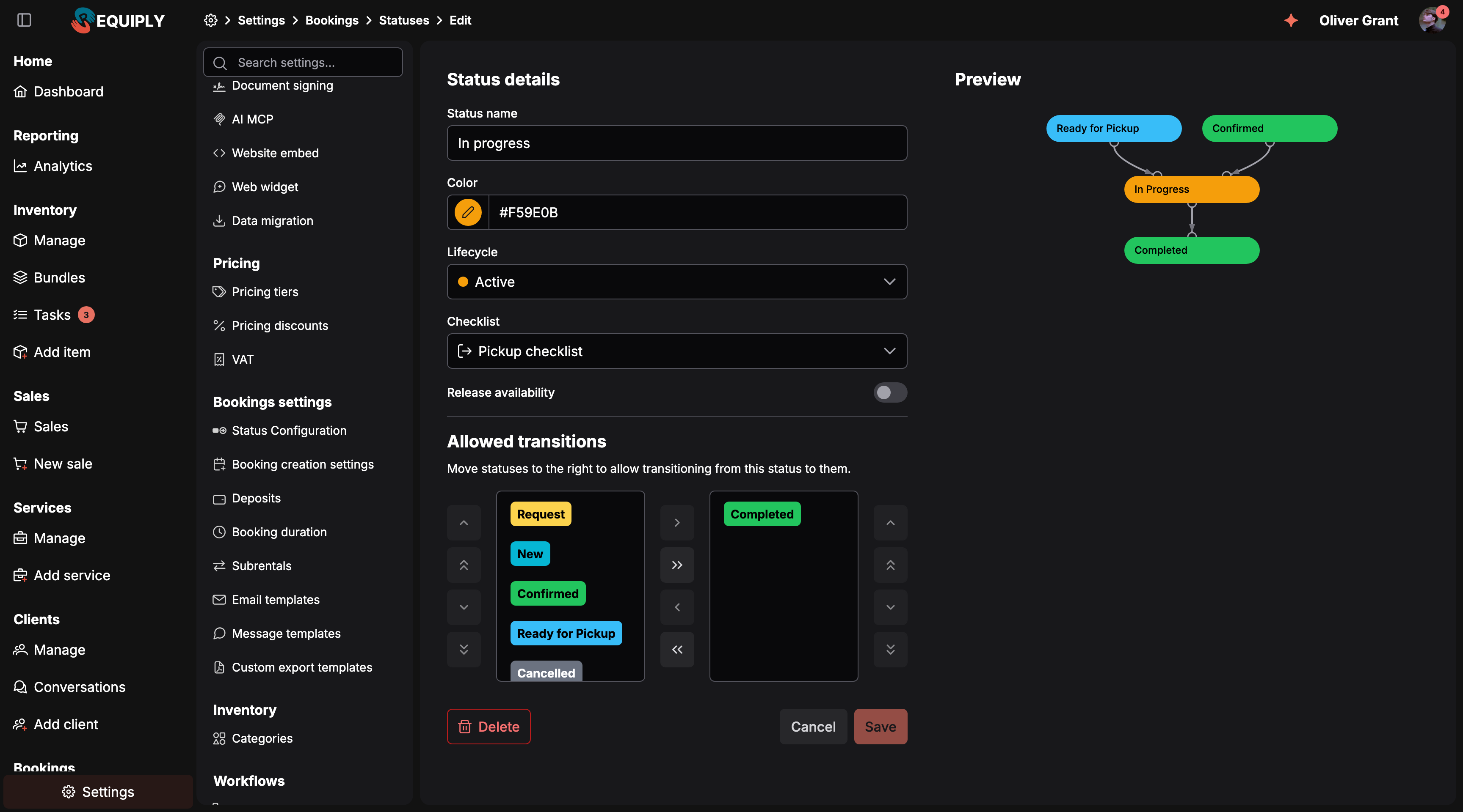 The edit page of the In progress status. Status details holds an editable Status name field, a Color field with a picker and hex value, the Lifecycle dropdown set to Active, the Checklist dropdown set to Pickup checklist, and the Release availability toggle. Under Allowed transitions a two-column pick list has Completed in the right-hand column. A Delete button sits at the bottom left, Cancel and Save at the bottom right, and a preview of the flow around the status is on the right