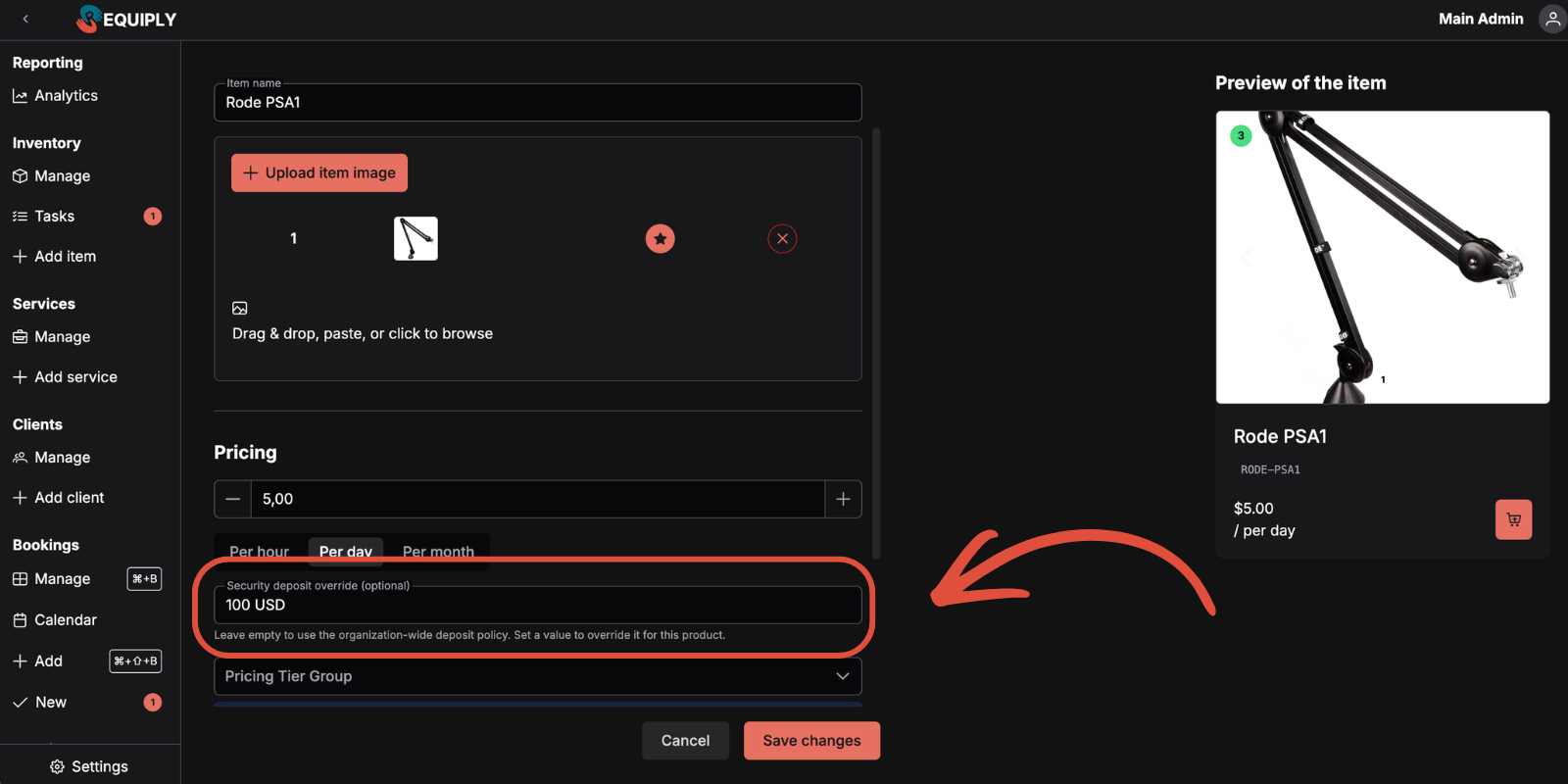 Campo Security deposit override al añadir o editar un artículo del inventario