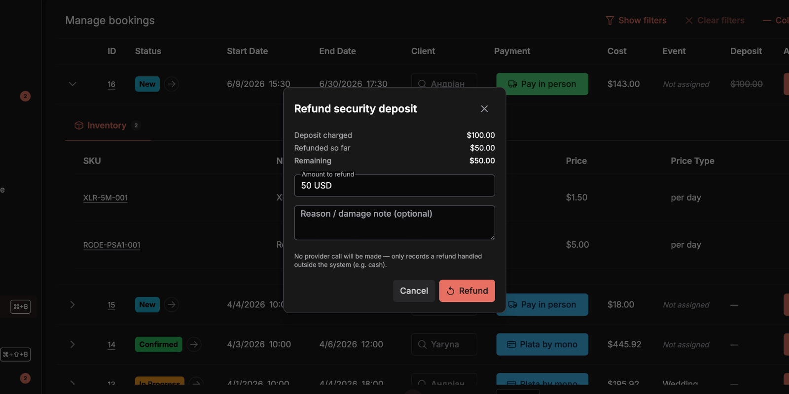 Diálogo Refund deposit