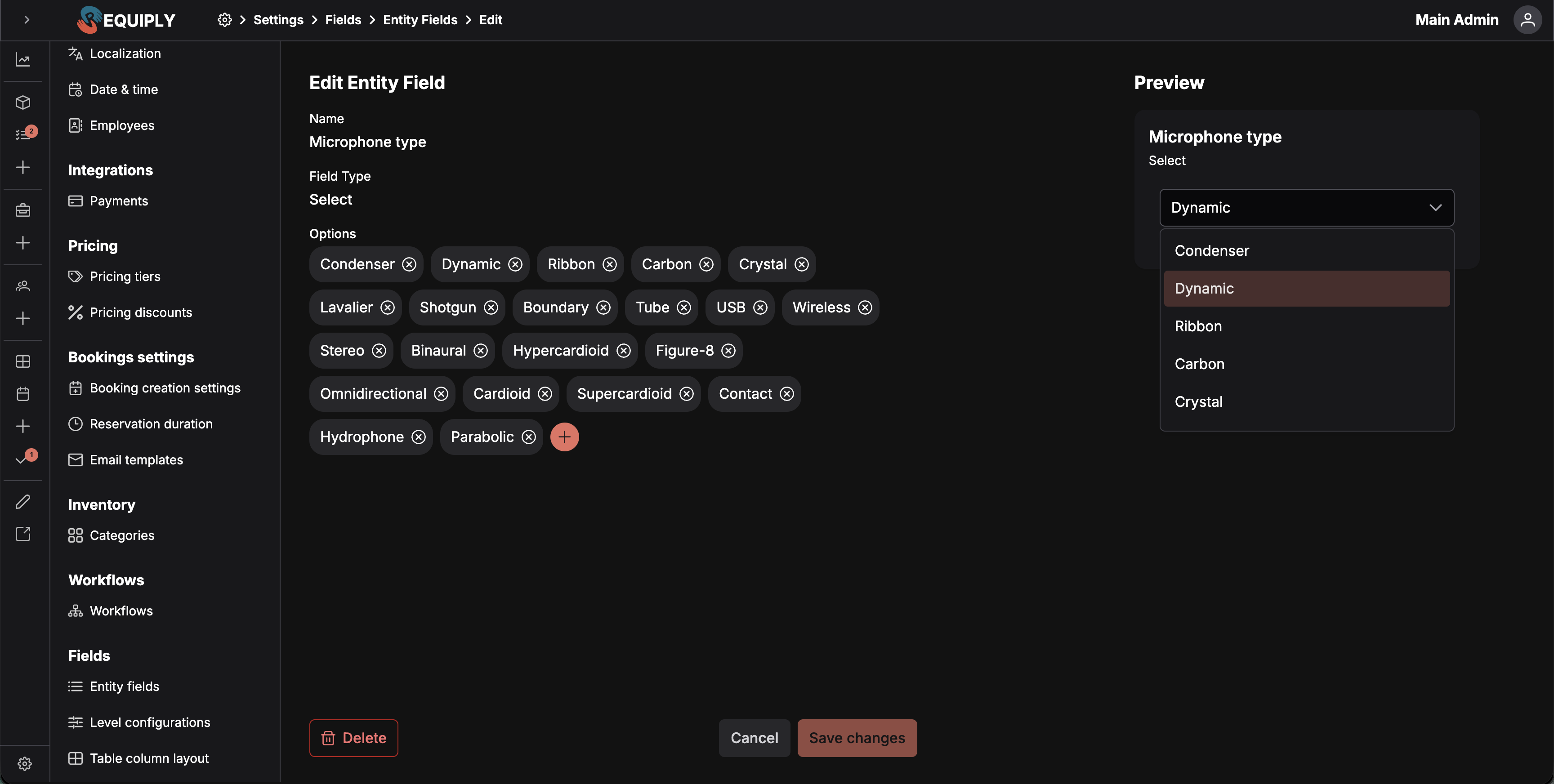 La página Edit entity field con un campo de tipo Select que muestra sus opciones y una vista previa en tiempo real a la derecha