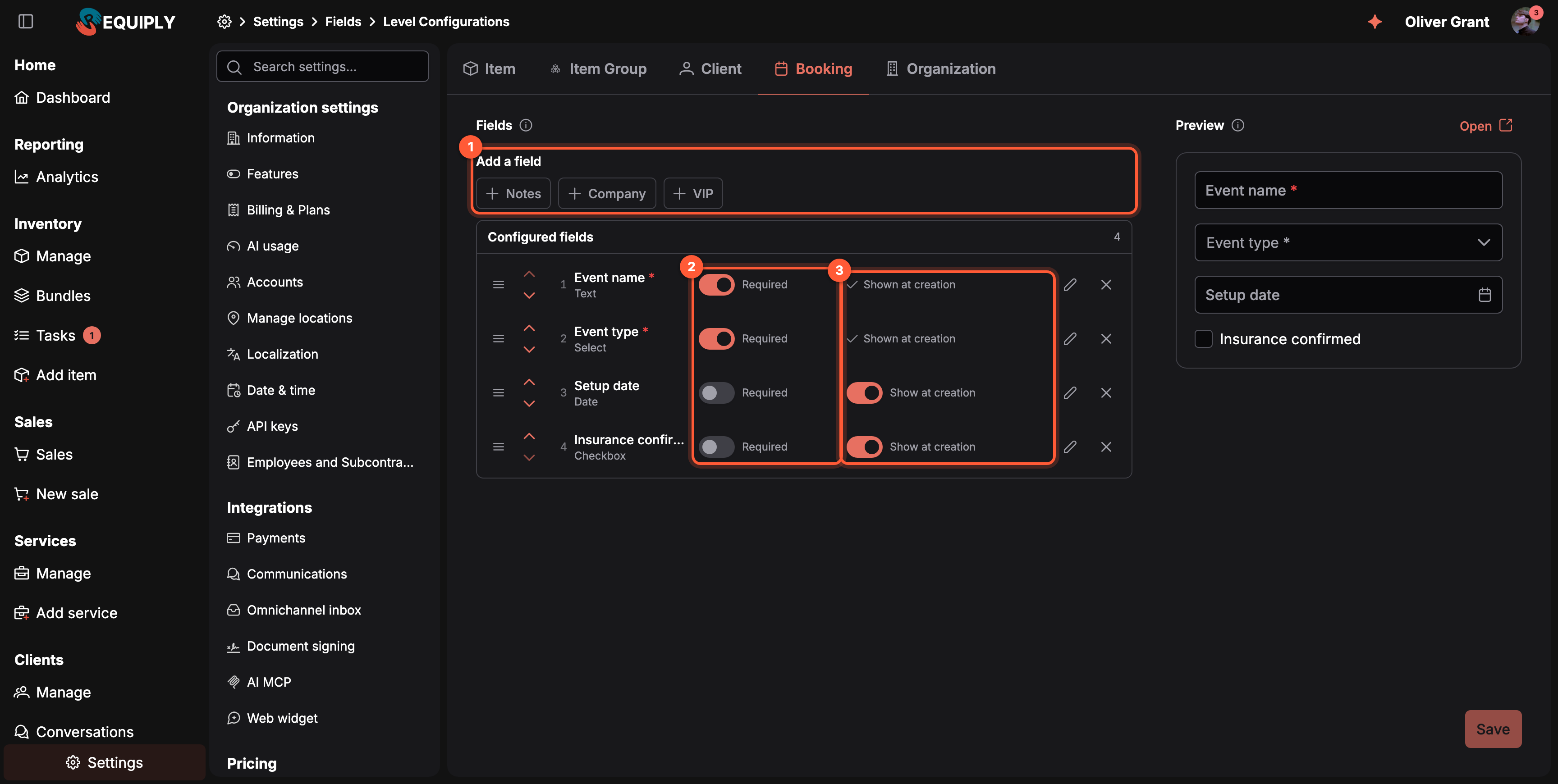 Level configurations on the Booking tab. Box 1 marks Add a field with the chips Notes, Company and VIP. Under it the Configured fields list holds four rows, each with a drag grip, up and down arrows, the position number, the field name and type: Event name (Text) and Event type (Select) with a red asterisk, Setup date (Date) and Insurance confirmed (Checkbox). Box 2 marks the Required column, switched on for Event name and Event type. Box 3 marks the next column: Shown at creation with a check mark for the two required fields, and Show at creation switches turned on for Setup date and Insurance confirmed. Each row ends with a pencil and a cross. The Preview on the right shows Event name *, Event type *, Setup date and Insurance confirmed as a form