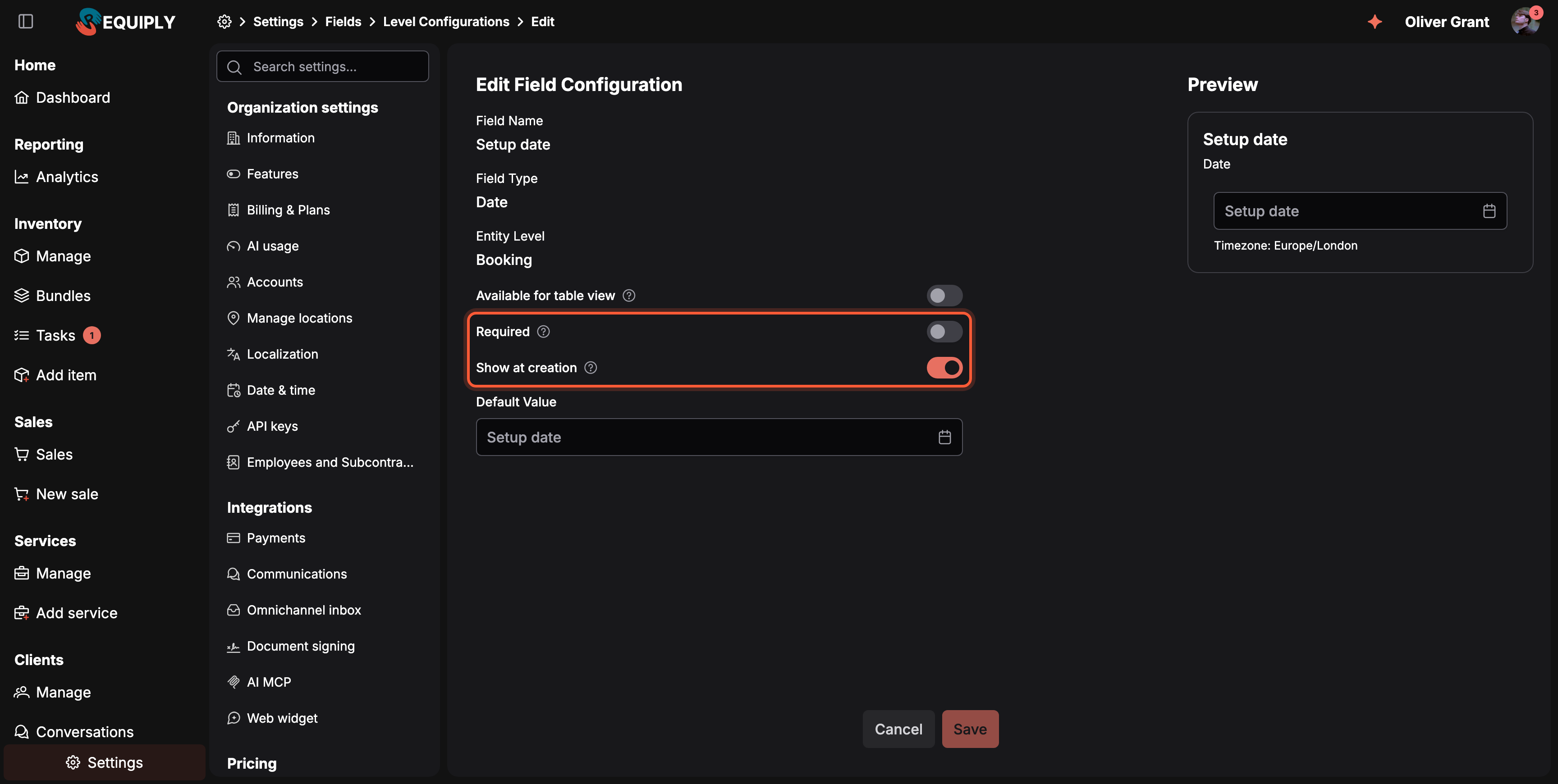 Edit Field Configuration for Setup date, a Date field on the Booking level. Under the read-only Field Name, Field Type and Entity Level sit three switches: Available for table view (off), then a highlighted pair, Required (off) and Show at creation (on), each with a help icon. Default Value is a date picker. A Preview card on the right shows the Setup date input with Timezone: Europe/London