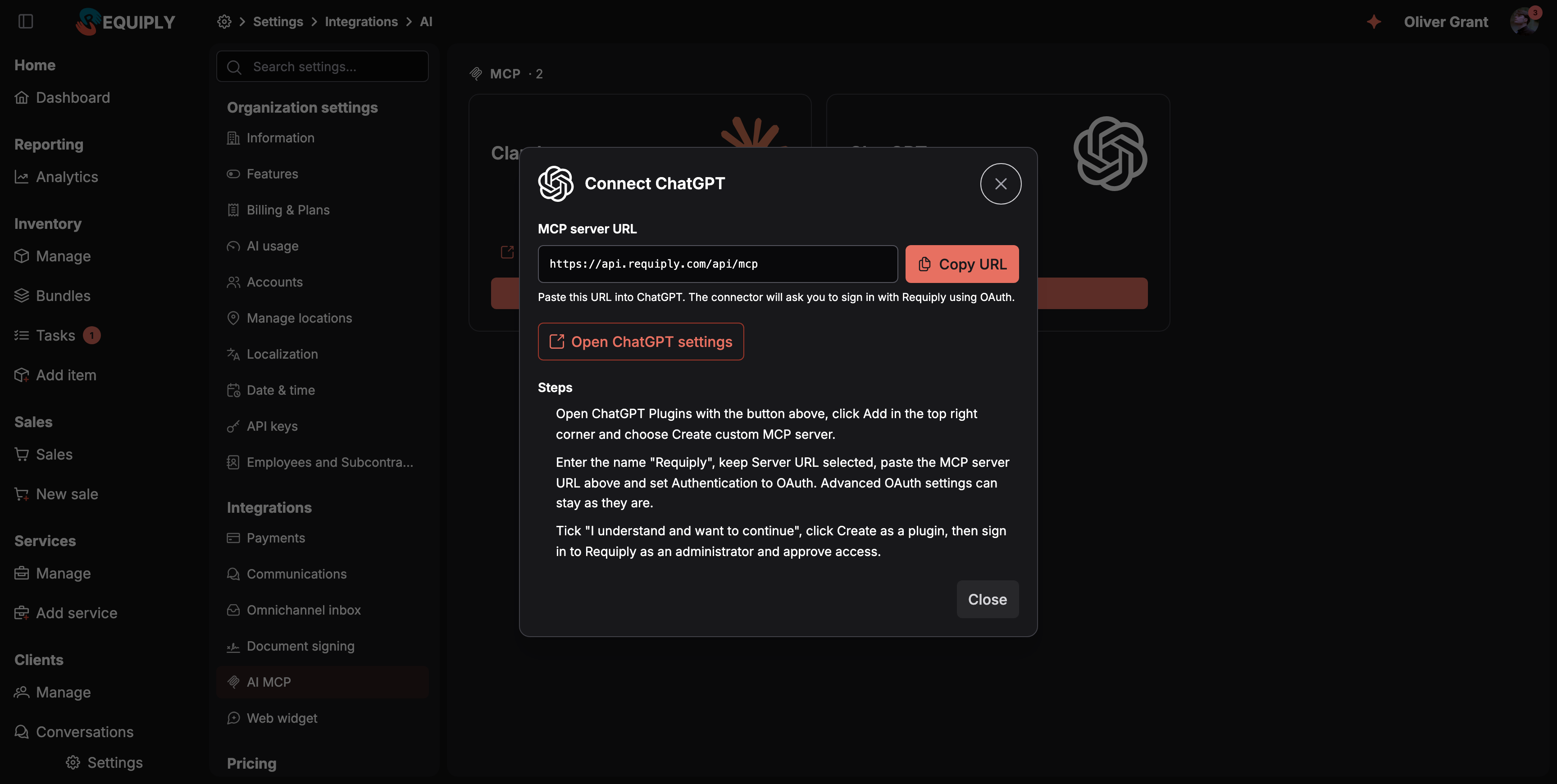 ChatGPT MCP setup dialog showing the Requiply MCP URL and ChatGPT-specific connection steps