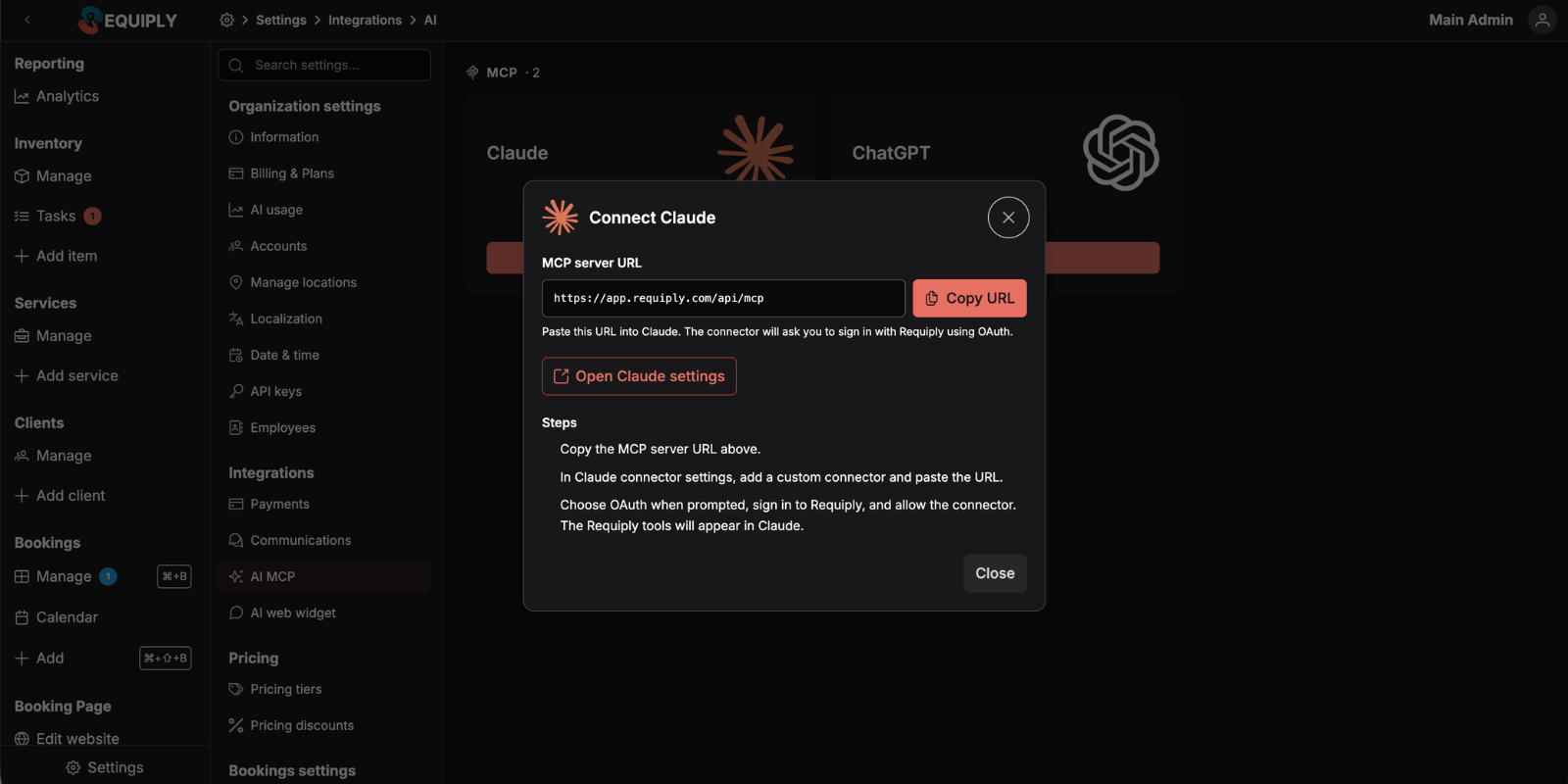 Claude MCP setup dialog with server URL, copy button, open settings button, and connection steps